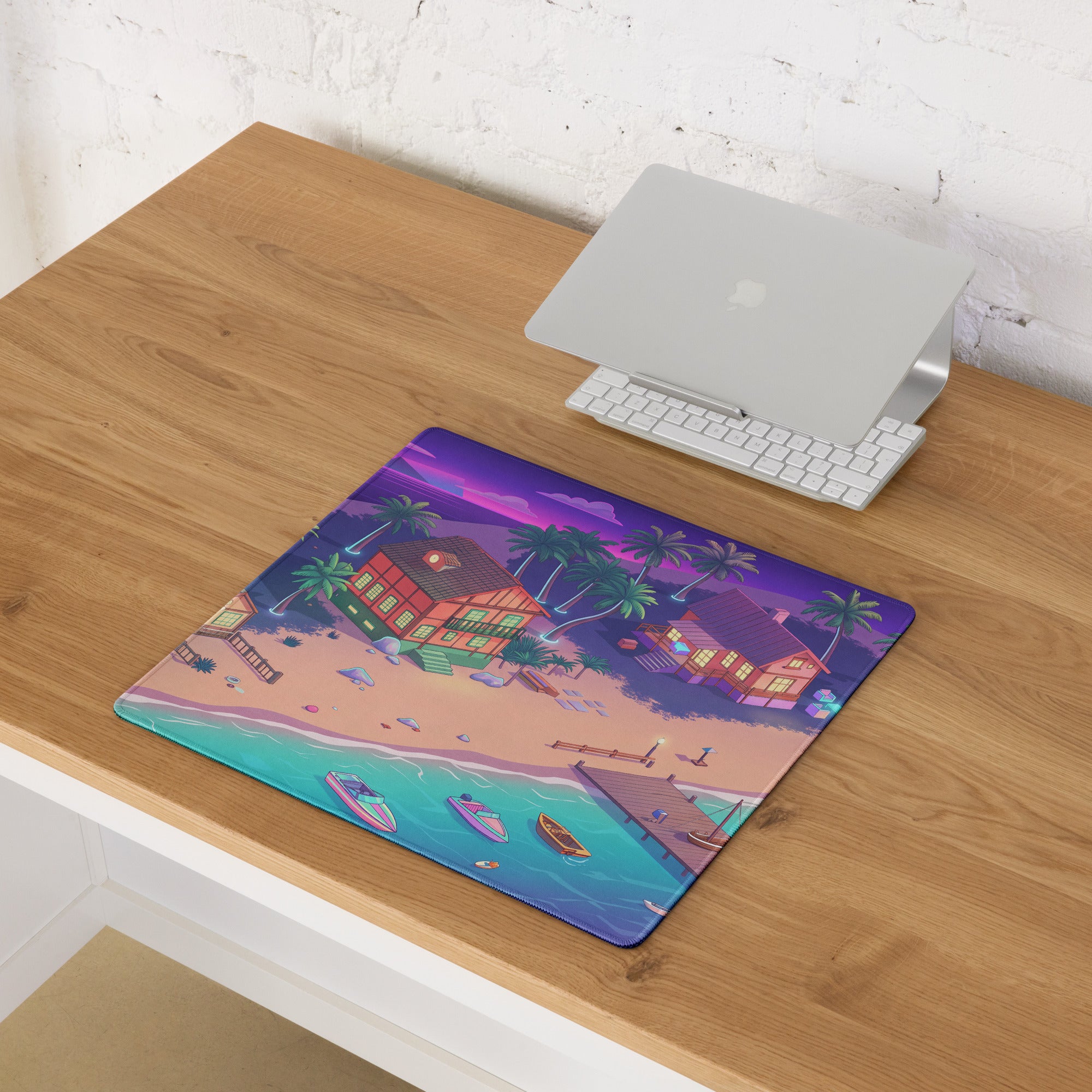 Vaporwave Beachscape Mouse Pad - Mouse Pad Purple Pink Cyan Home Office Dreamy Neon Retro Aesthetic Digital Illustration