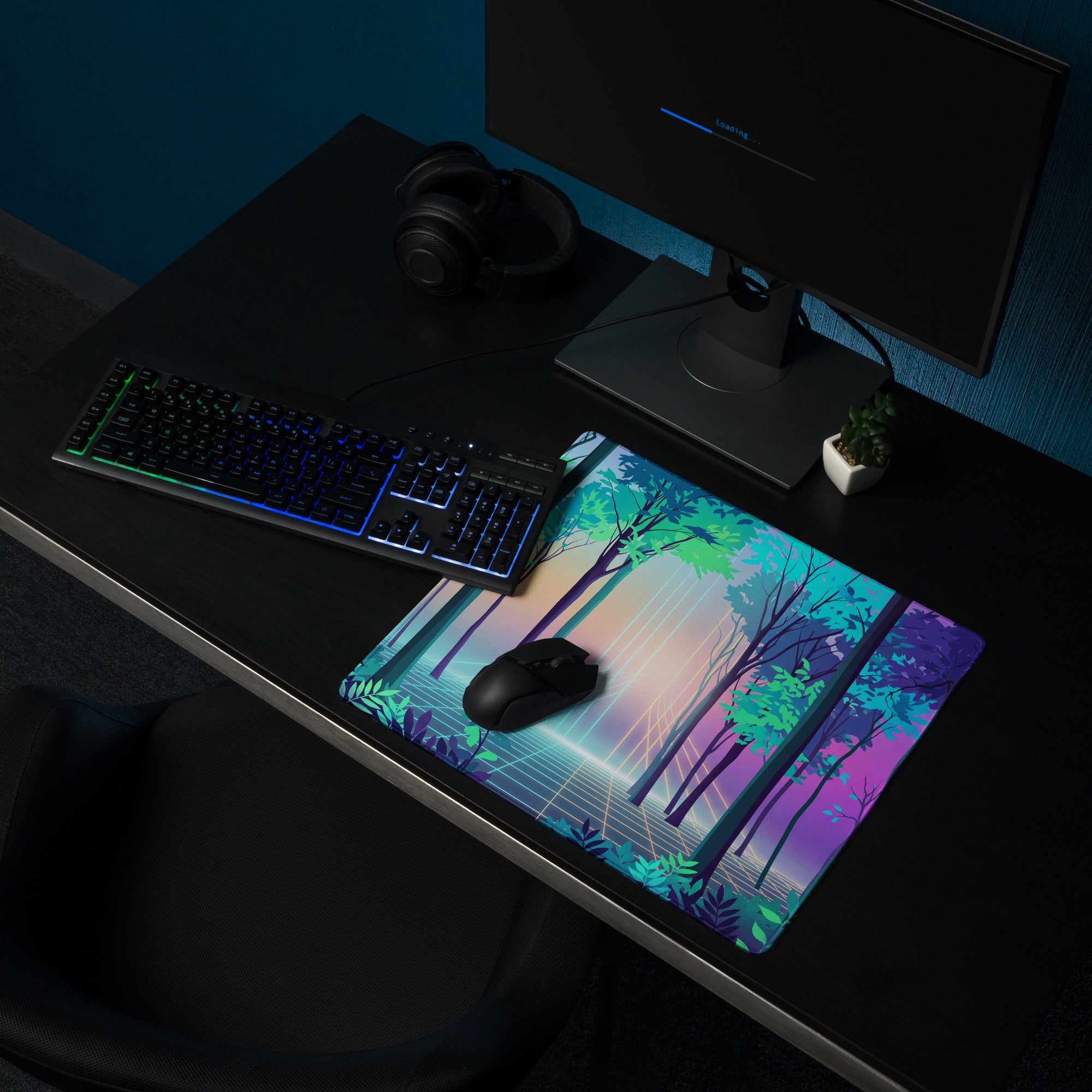Vaporwave Forest Mouse Pad - Vaporwave Forest Mouse Pad Blue Purple Gradient Desk Retro Dreamy Mood Neon Digital Art