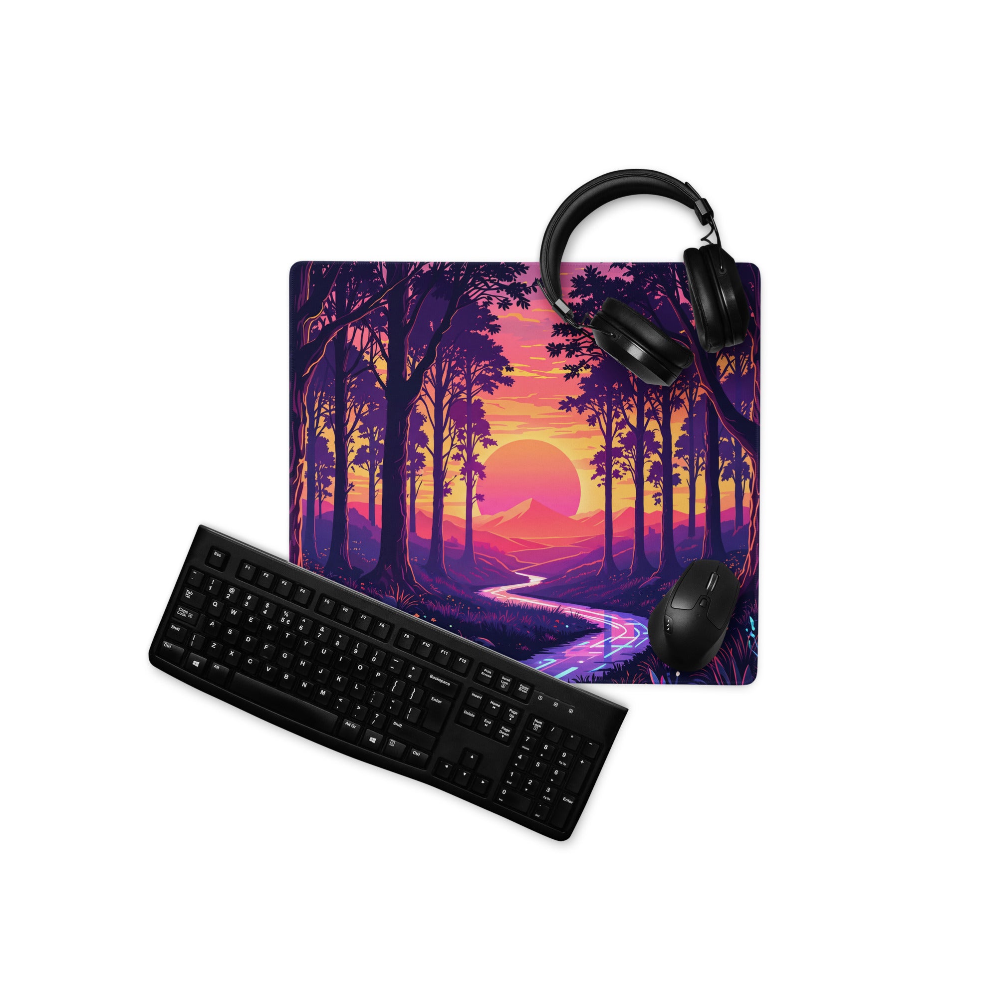 Neon Forest Vaporwave Mouse Pad - Forest Vaporwave Desk Mat Purple Pink Dreamy Mood Neon Retro Decor Gaming