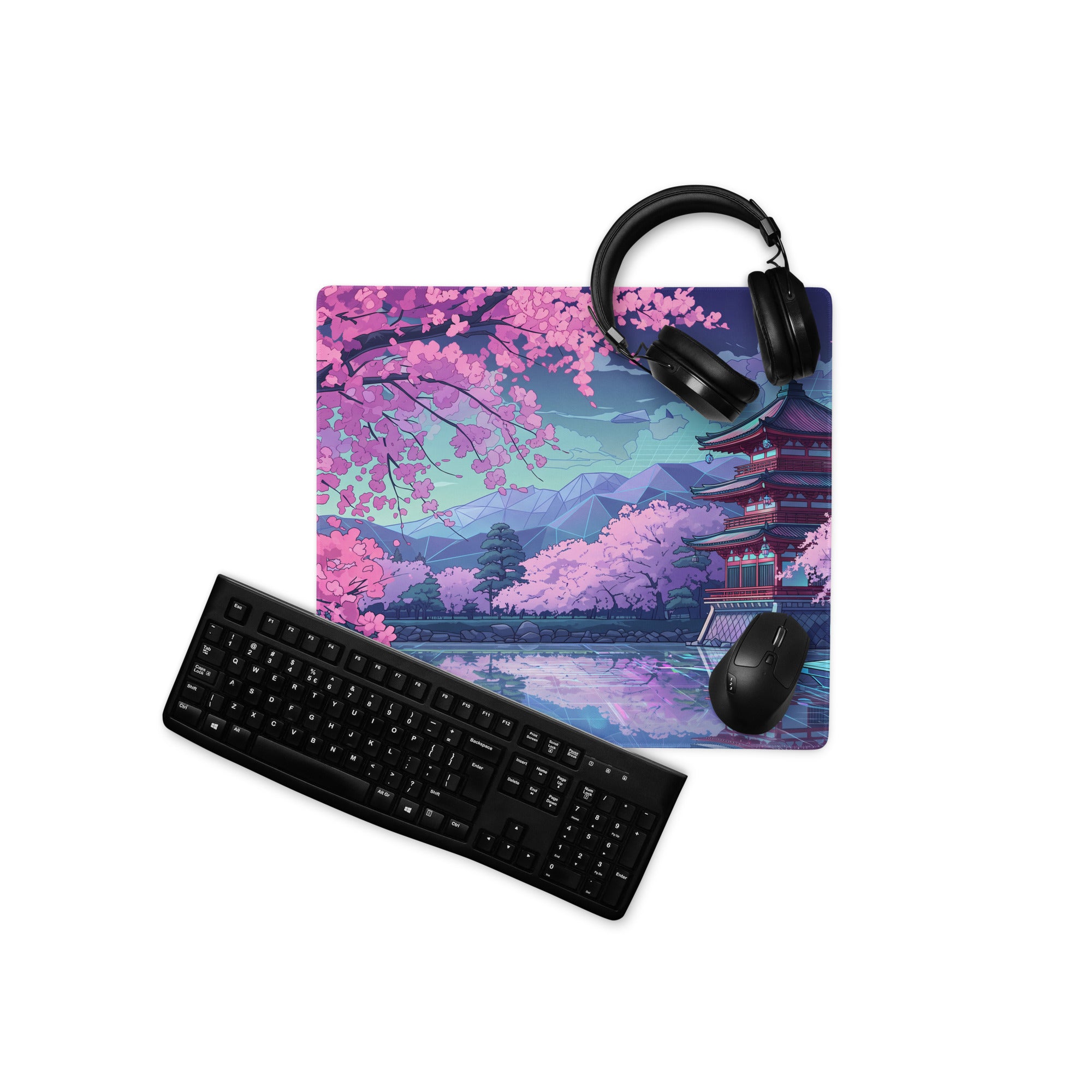 Vaporwave Sakura Night Pad - Gaming Mouse Pad Pink Purple Teal Vaporwave Dreamy Retro Neon Decor Cyberpunk Digital Art