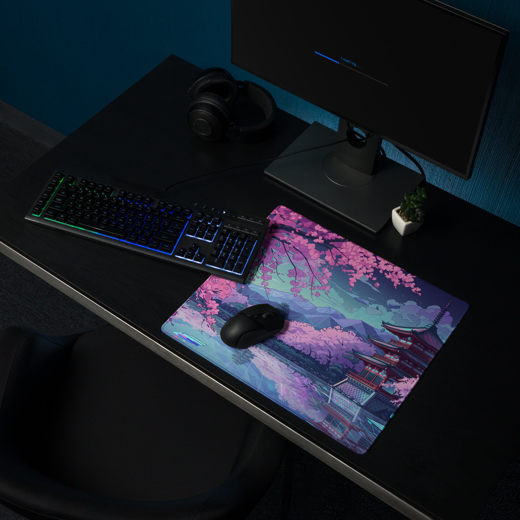 Vaporwave Sakura Night Pad - Gaming Mouse Pad Pink Purple Teal Vaporwave Dreamy Retro Neon Decor Cyberpunk Digital Art