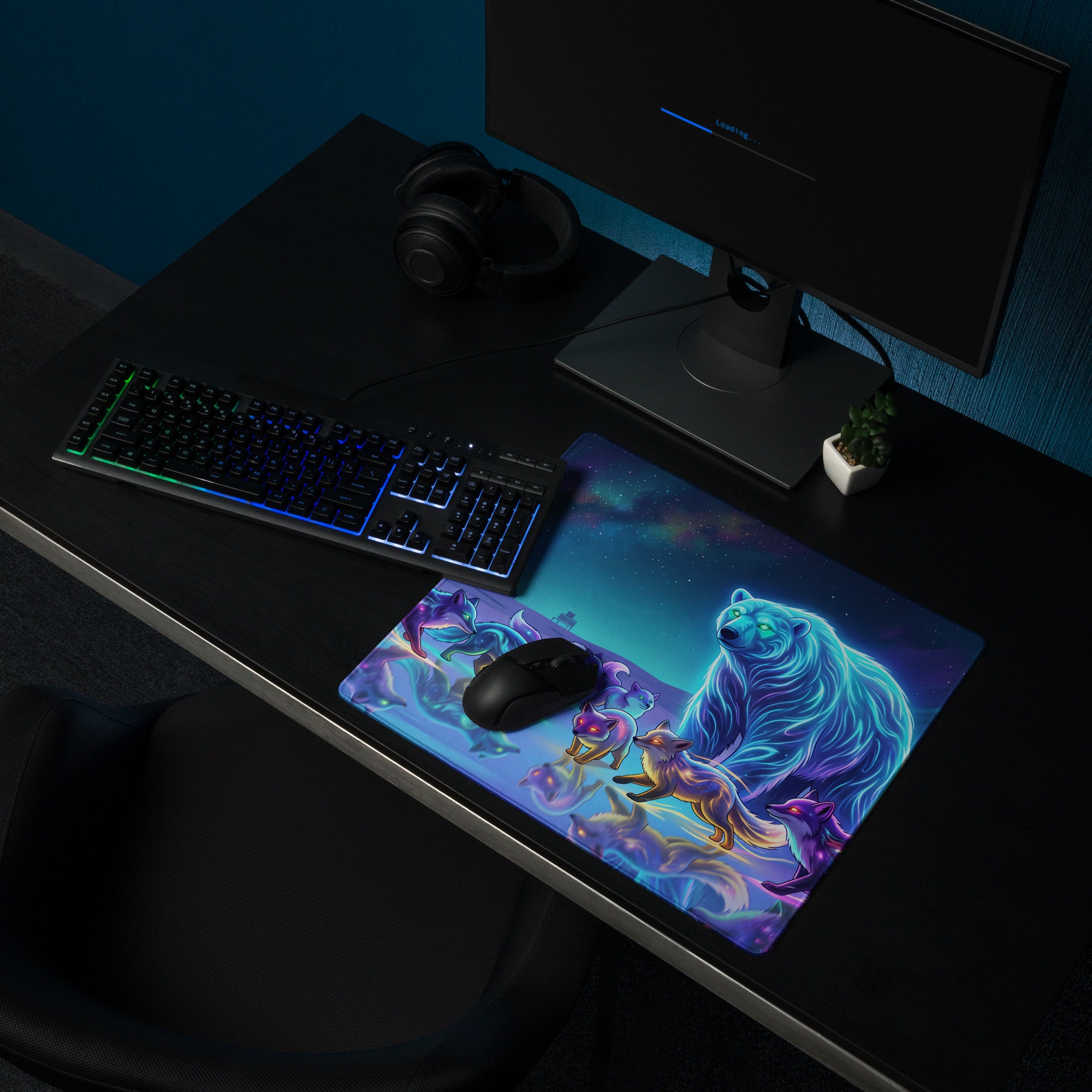 Neon Wolf Vaporwave Desk Pad - Wolf Vaporwave Neon Blues Gaming Desk Pad Dreamy Neon Mood, Gaming Mouse Pad, Digital Art