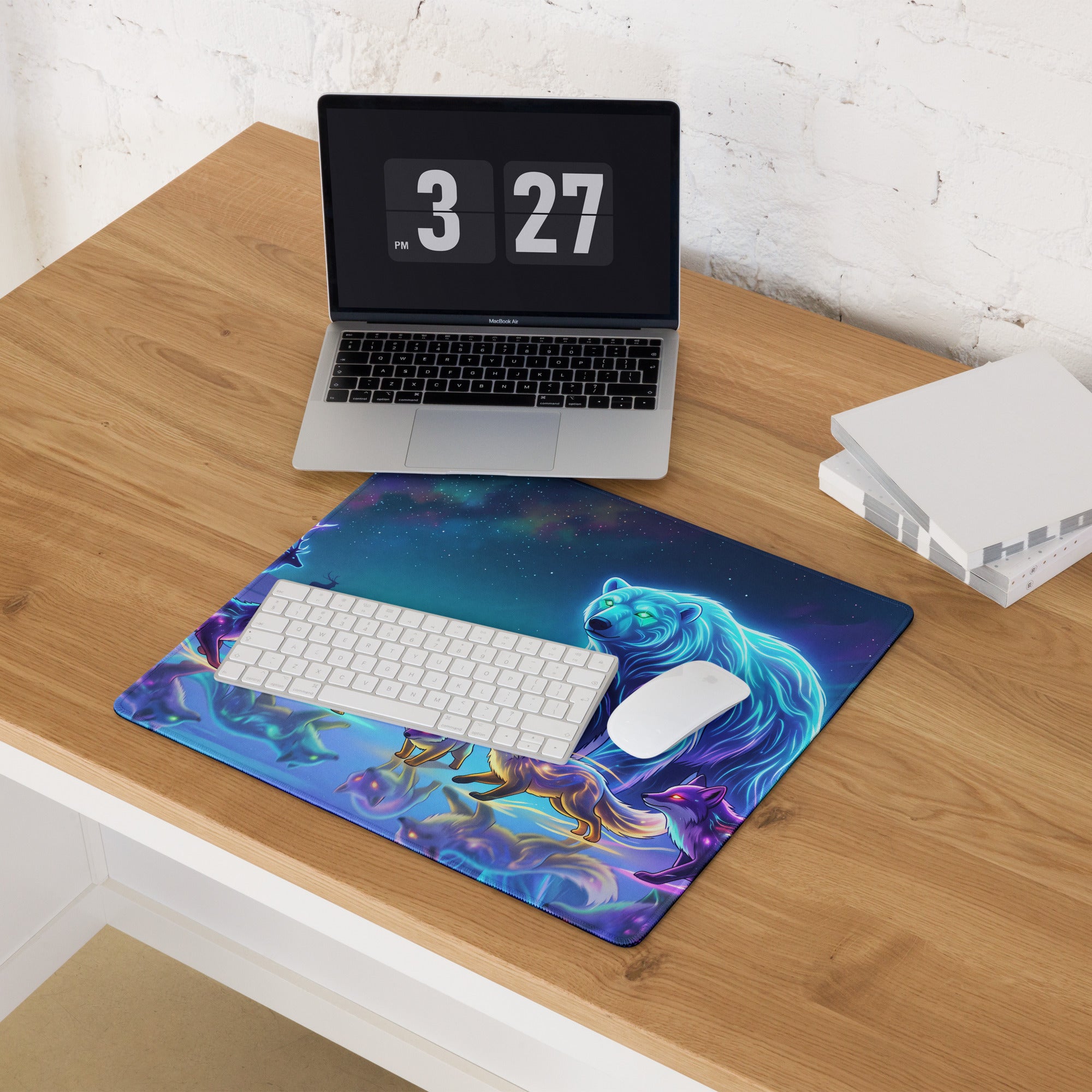 Neon Wolf Vaporwave Desk Pad - Wolf Vaporwave Neon Blues Gaming Desk Pad Dreamy Neon Mood, Gaming Mouse Pad, Digital Art