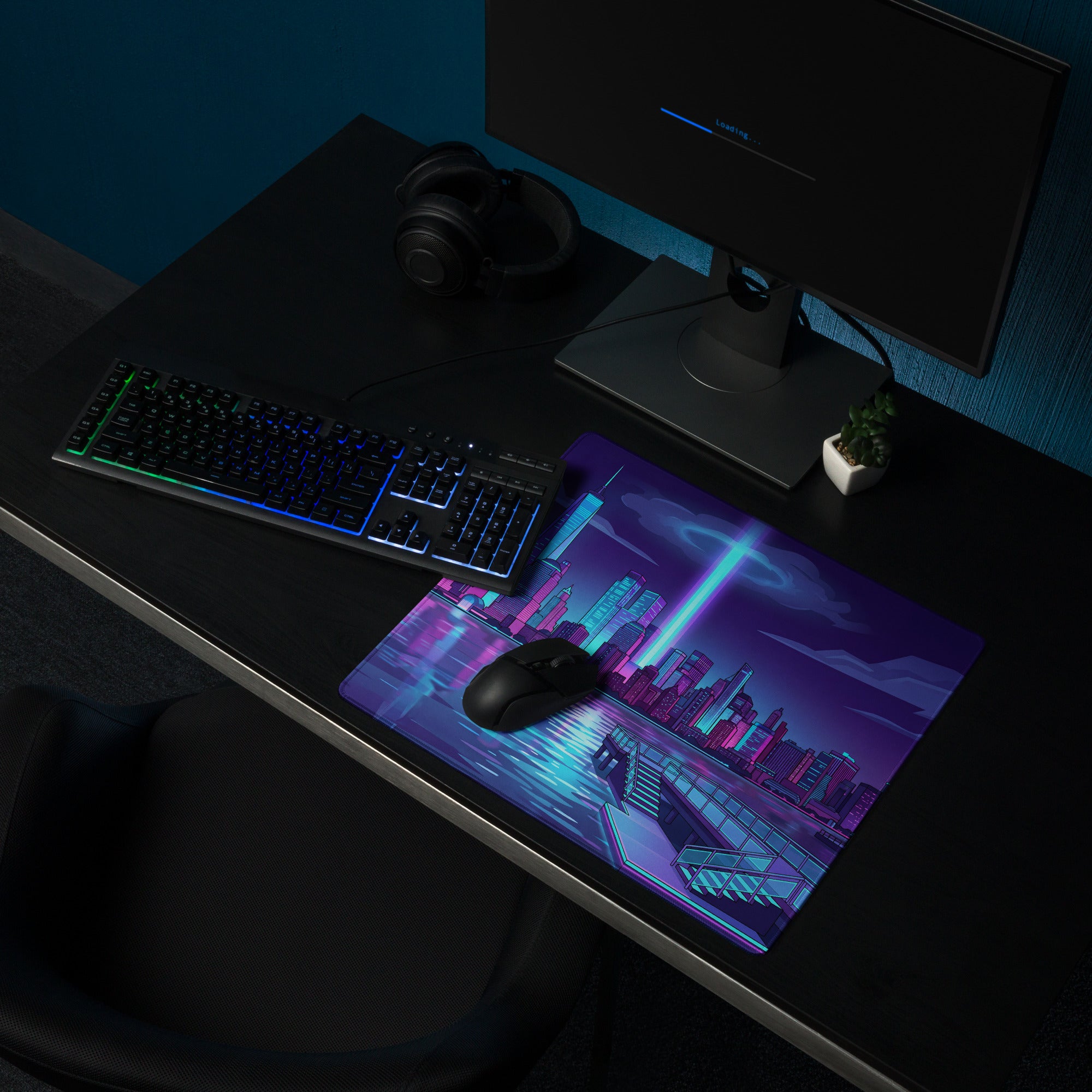 Vaporwave Cityscape Mouse Pad - Vaporwave Cityscape Mouse Pad Purple Blue Gaming Setup Synthwave Neon Mood Desk Pad