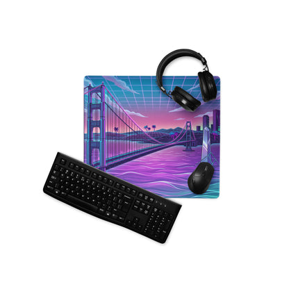 Neon Vaporwave Bridge City Pad - Mouse Pad Neon Pink Teal Gaming Desk Vaporwave Dreamy Cyberpunk Digital Art