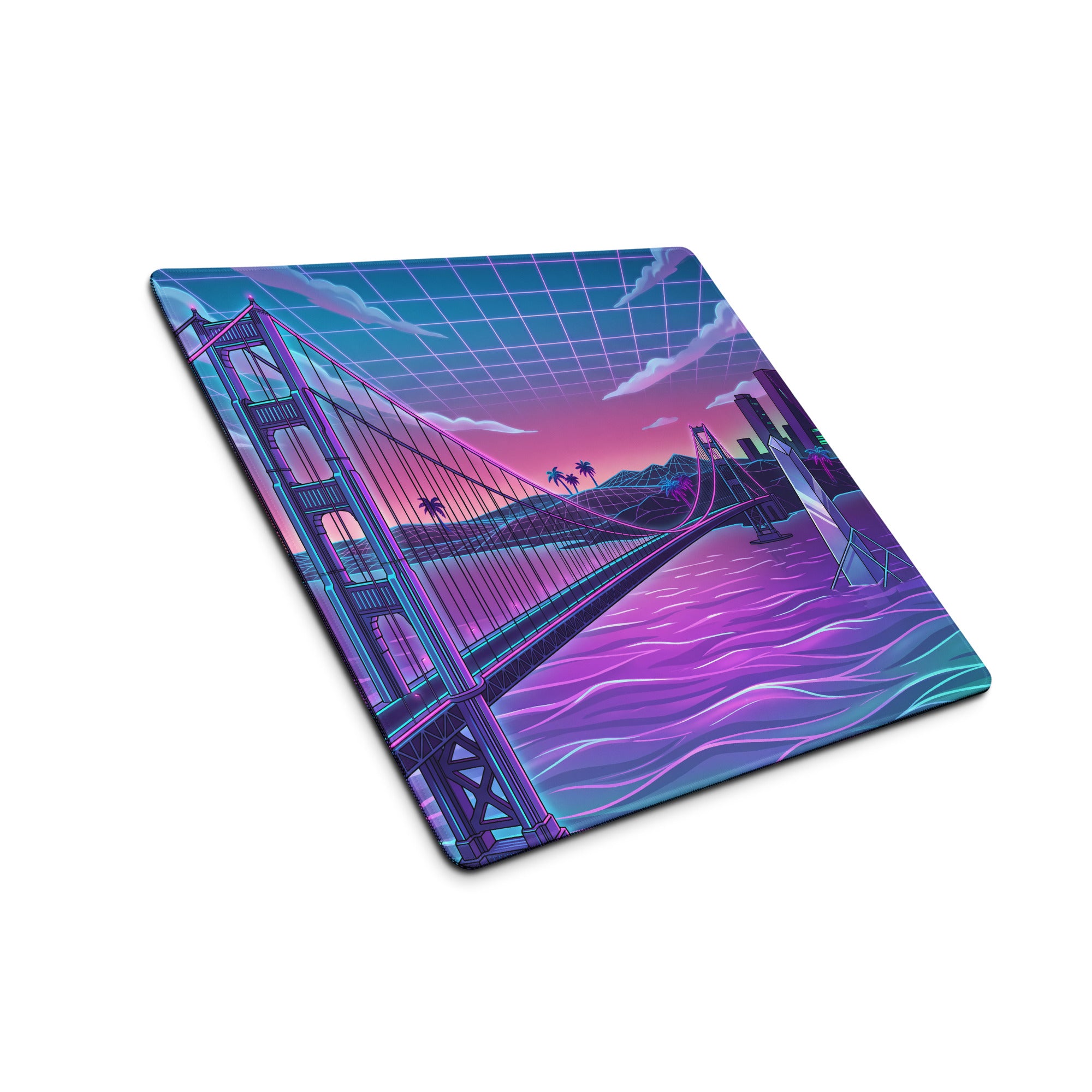 Neon Vaporwave Bridge City Pad - Mouse Pad Neon Pink Teal Gaming Desk Vaporwave Dreamy Cyberpunk Digital Art