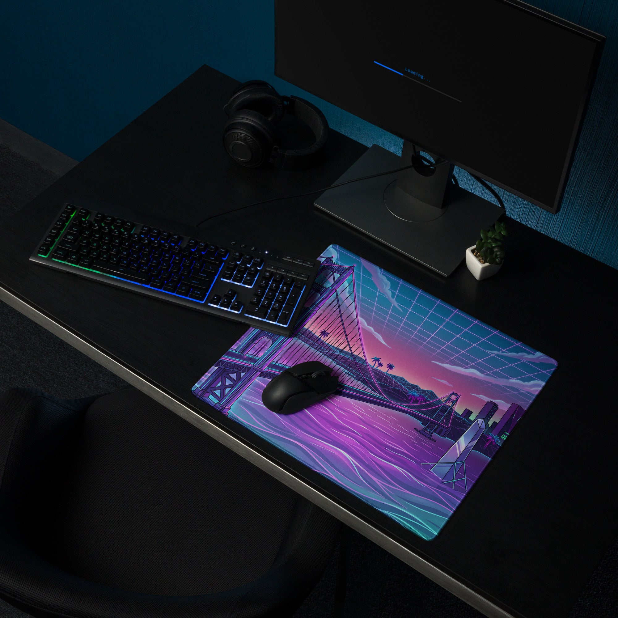 Neon Vaporwave Bridge City Pad - Mouse Pad Neon Pink Teal Gaming Desk Vaporwave Dreamy Cyberpunk Digital Art