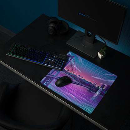 Neon Vaporwave Bridge City Pad - Mouse Pad Neon Pink Teal Gaming Desk Vaporwave Dreamy Cyberpunk Digital Art