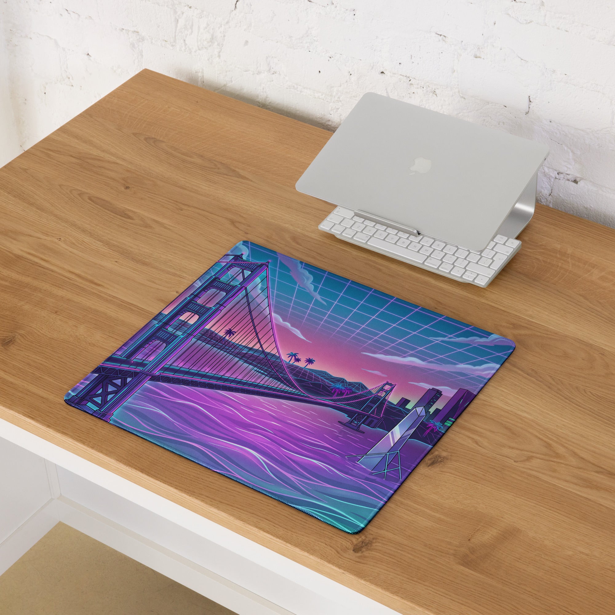 Neon Vaporwave Bridge City Pad - Mouse Pad Neon Pink Teal Gaming Desk Vaporwave Dreamy Cyberpunk Digital Art