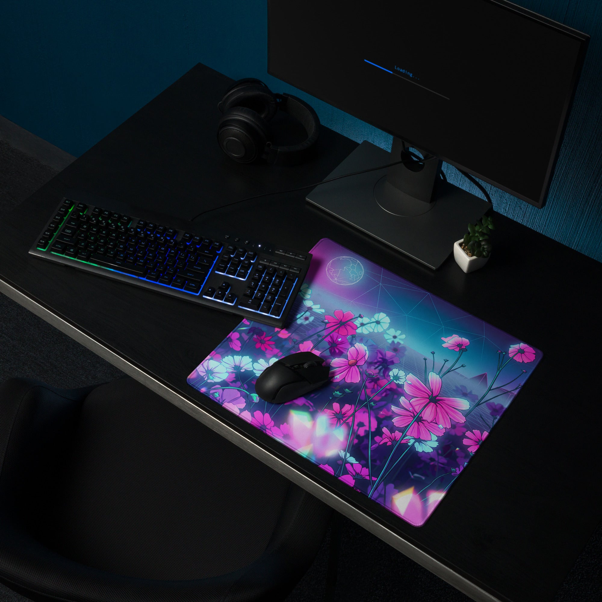Neon Bloom Vaporwave Desktop Pad - Vaporwave Floral Mouse Pad Pink Purple Desk Gaming Neon Dreamy Neon Mood Desk Decor