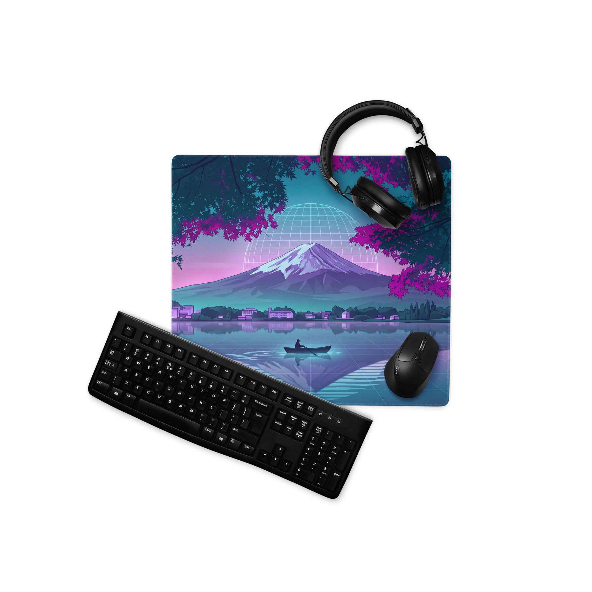 Vaporwave Neon Mountain Desk Pad - Gaming Mouse Pad Neon Purple Blue Desk Setup Vaporwave Dreamy Nostalgic