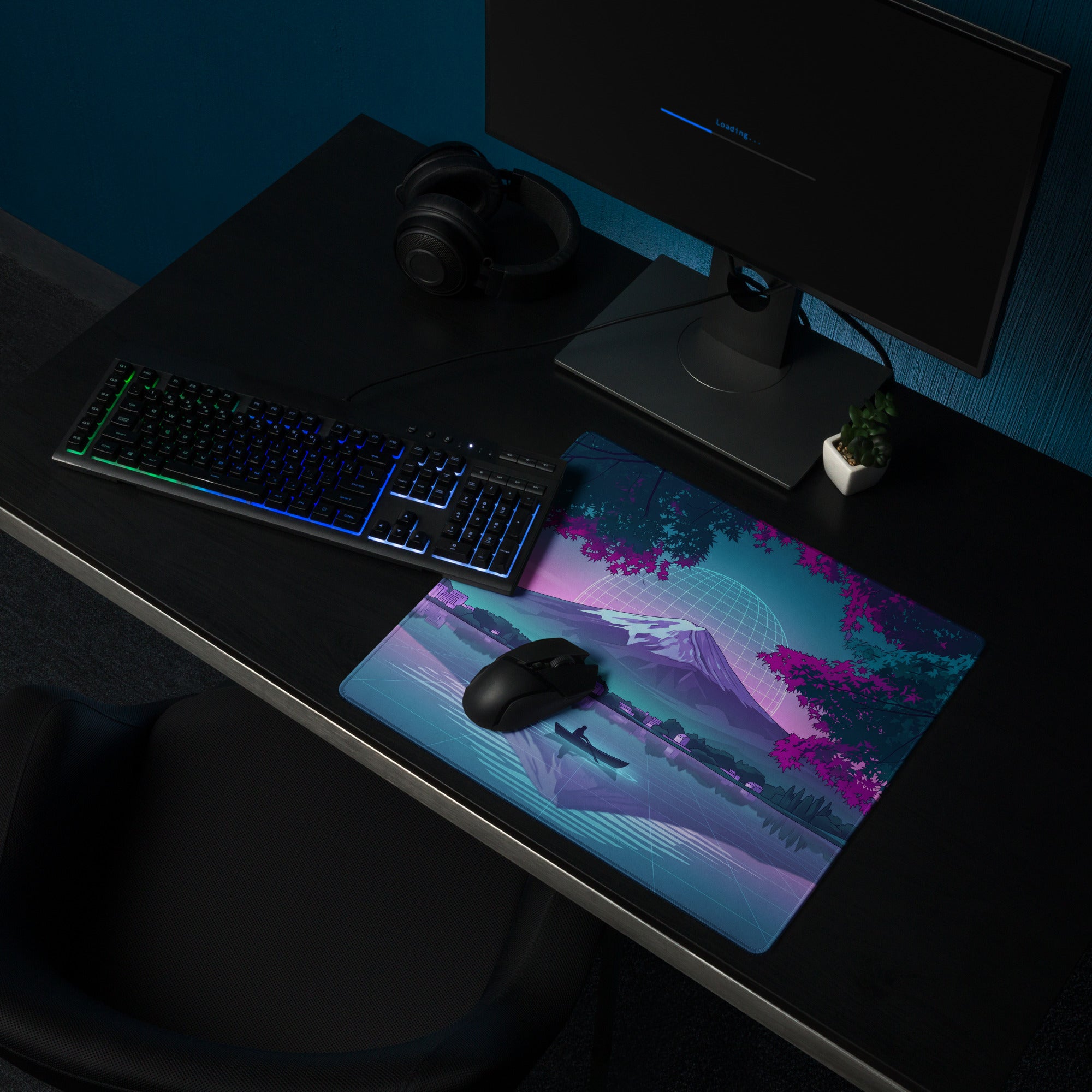 Vaporwave Neon Mountain Desk Pad - Gaming Mouse Pad Neon Purple Blue Desk Setup Vaporwave Dreamy Nostalgic