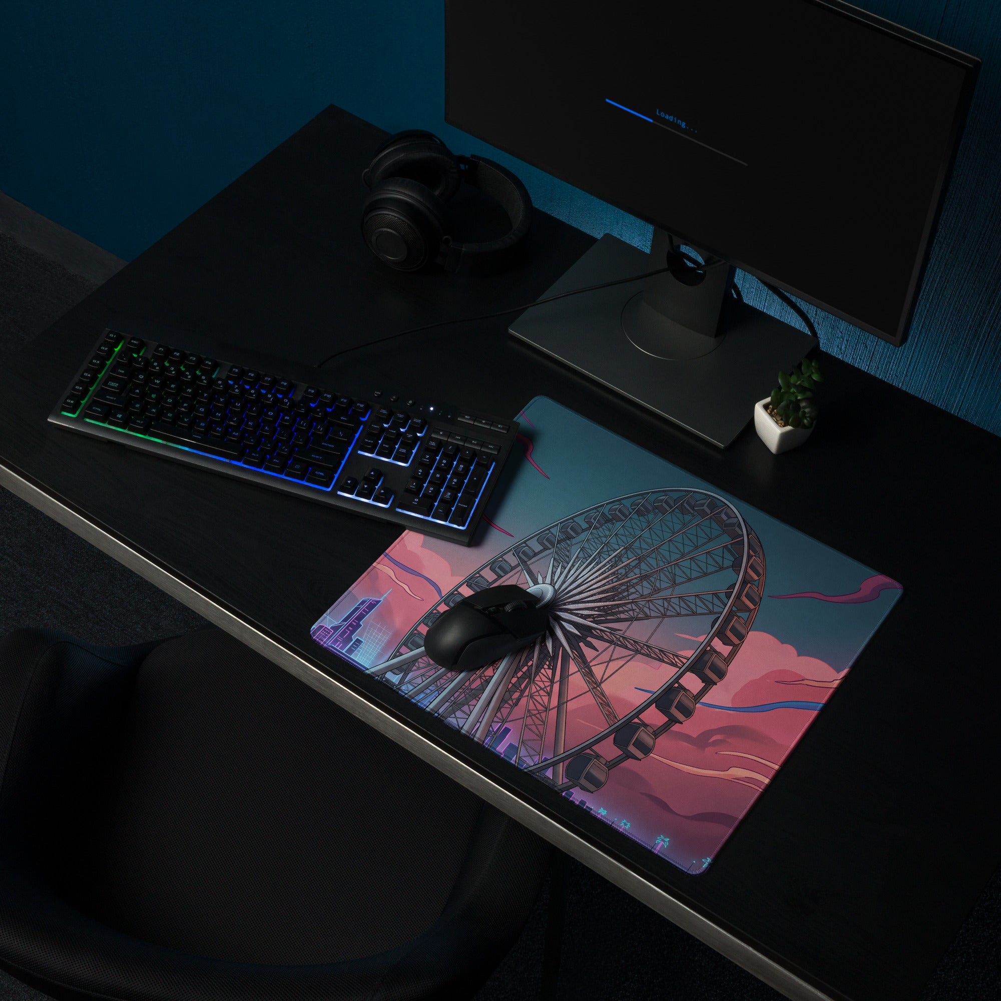 Vaporwave Neon Ferris Wheel Mouse Pad - Ferris Wheel Neon Pink Blue Vaporwave Neon Dream Vaporwave Desk Pad Digital Art
