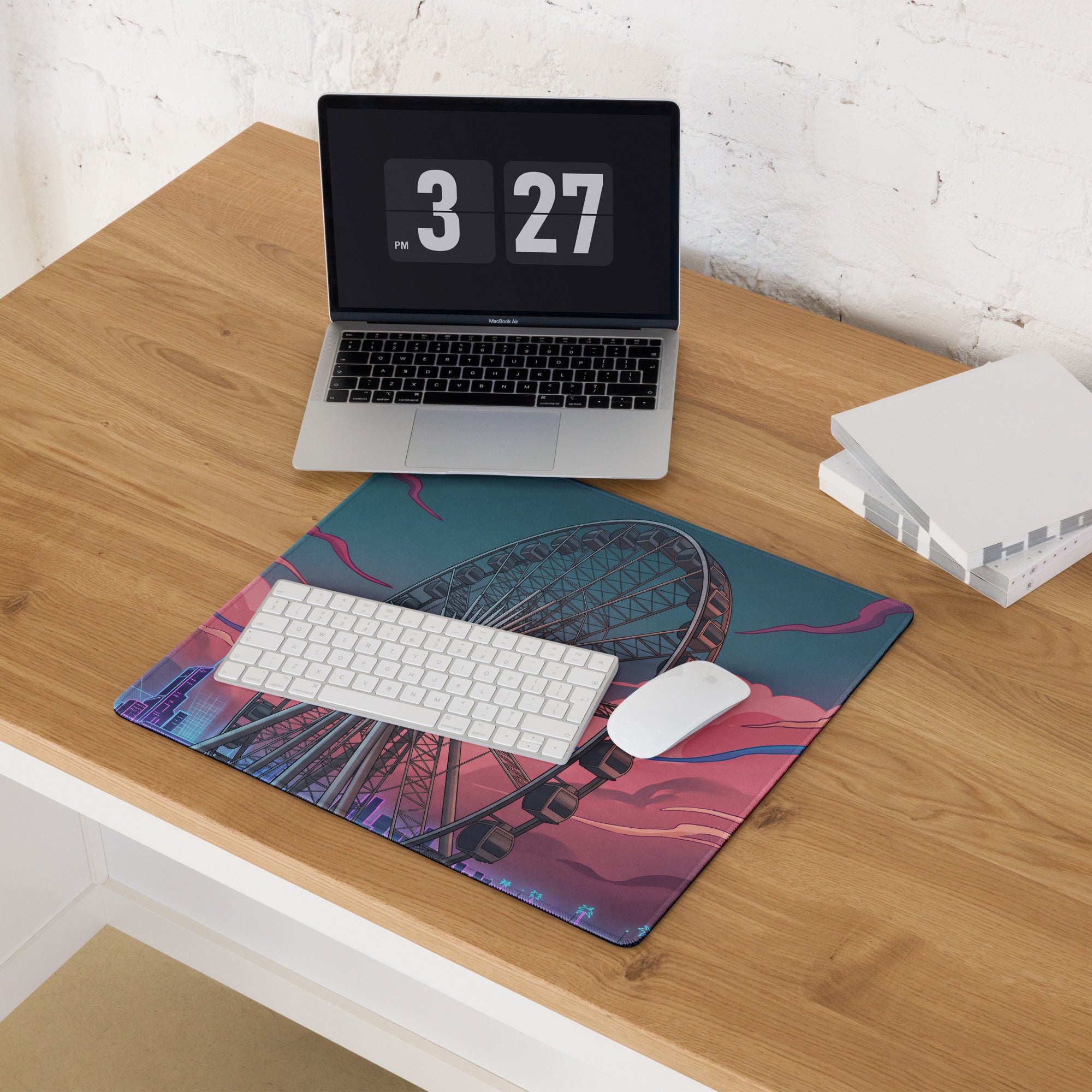 Vaporwave Neon Ferris Wheel Mouse Pad - Ferris Wheel Neon Pink Blue Vaporwave Neon Dream Vaporwave Desk Pad Digital Art