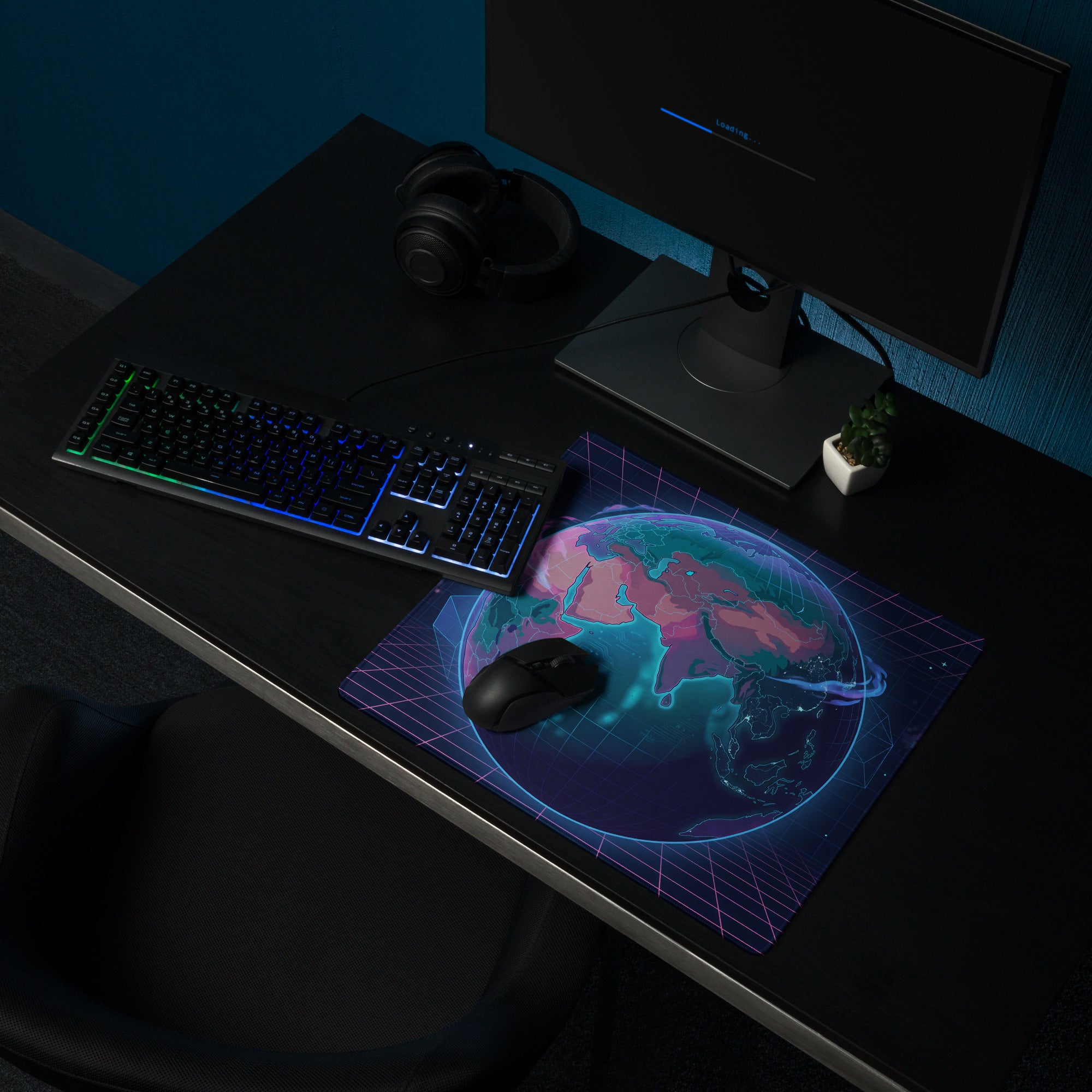 Vaporwave Globe Gaming Pad - Gaming Mouse Pad Neon Blue Desk Vaporwave Futurism Moody Neon Aesthetic Digital Art