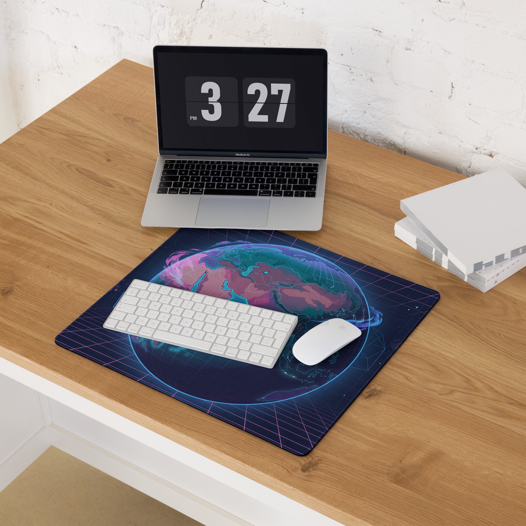 Vaporwave Globe Gaming Pad - Gaming Mouse Pad Neon Blue Desk Vaporwave Futurism Moody Neon Aesthetic Digital Art