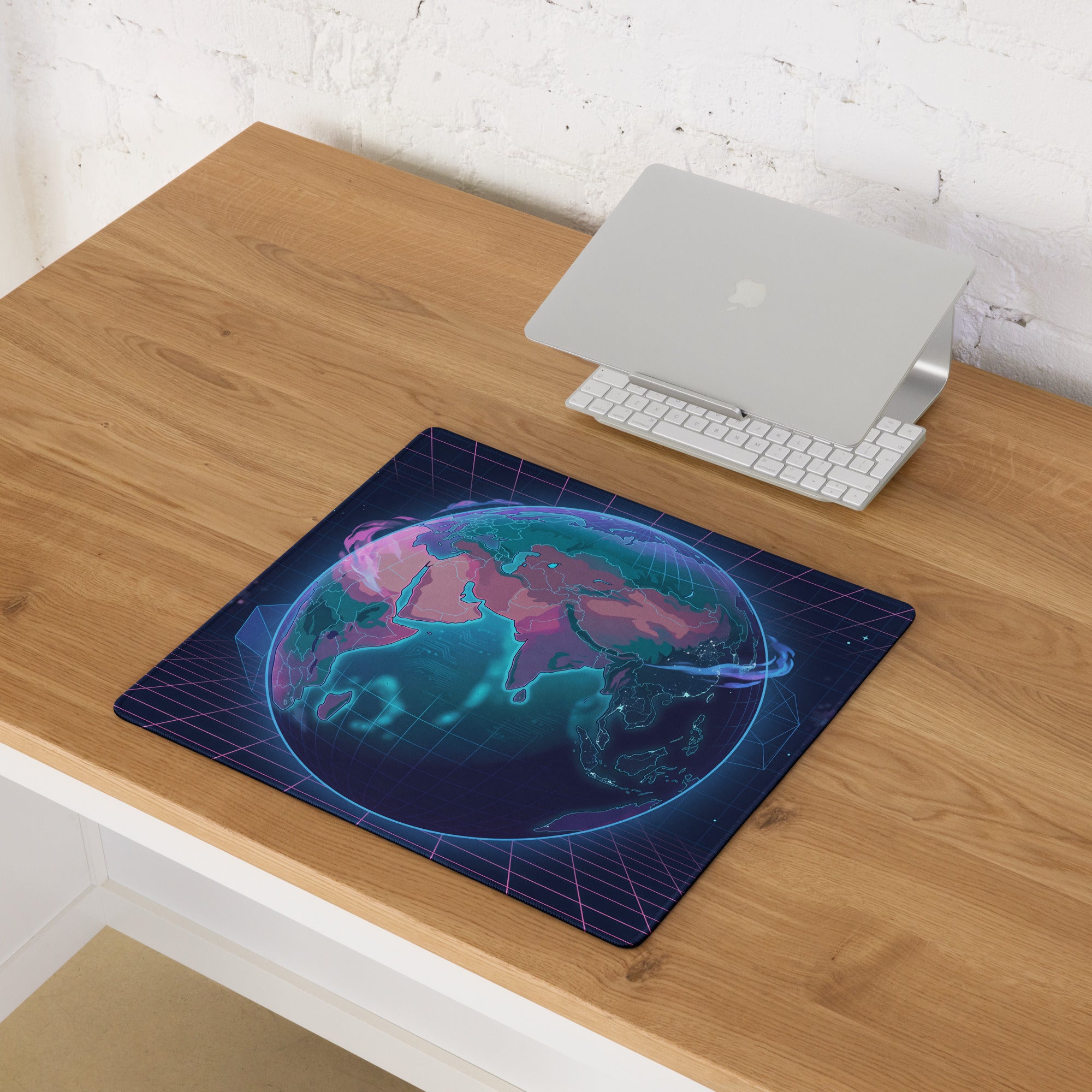 Vaporwave Globe Gaming Pad - Gaming Mouse Pad Neon Blue Desk Vaporwave Futurism Moody Neon Aesthetic Digital Art