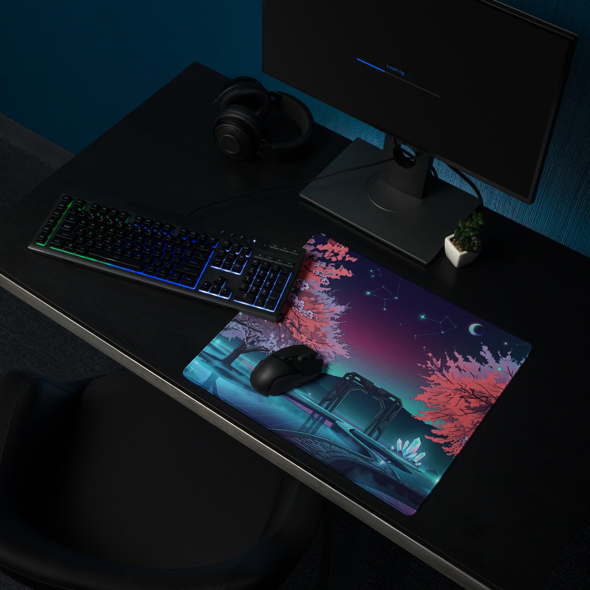 Vaporwave Cherry Blossom Pad - Mouse Pad Pink Purple Blue Vaporwave Desk Dreamy Neon Dreamscape Retro Futurism Gaming Desk