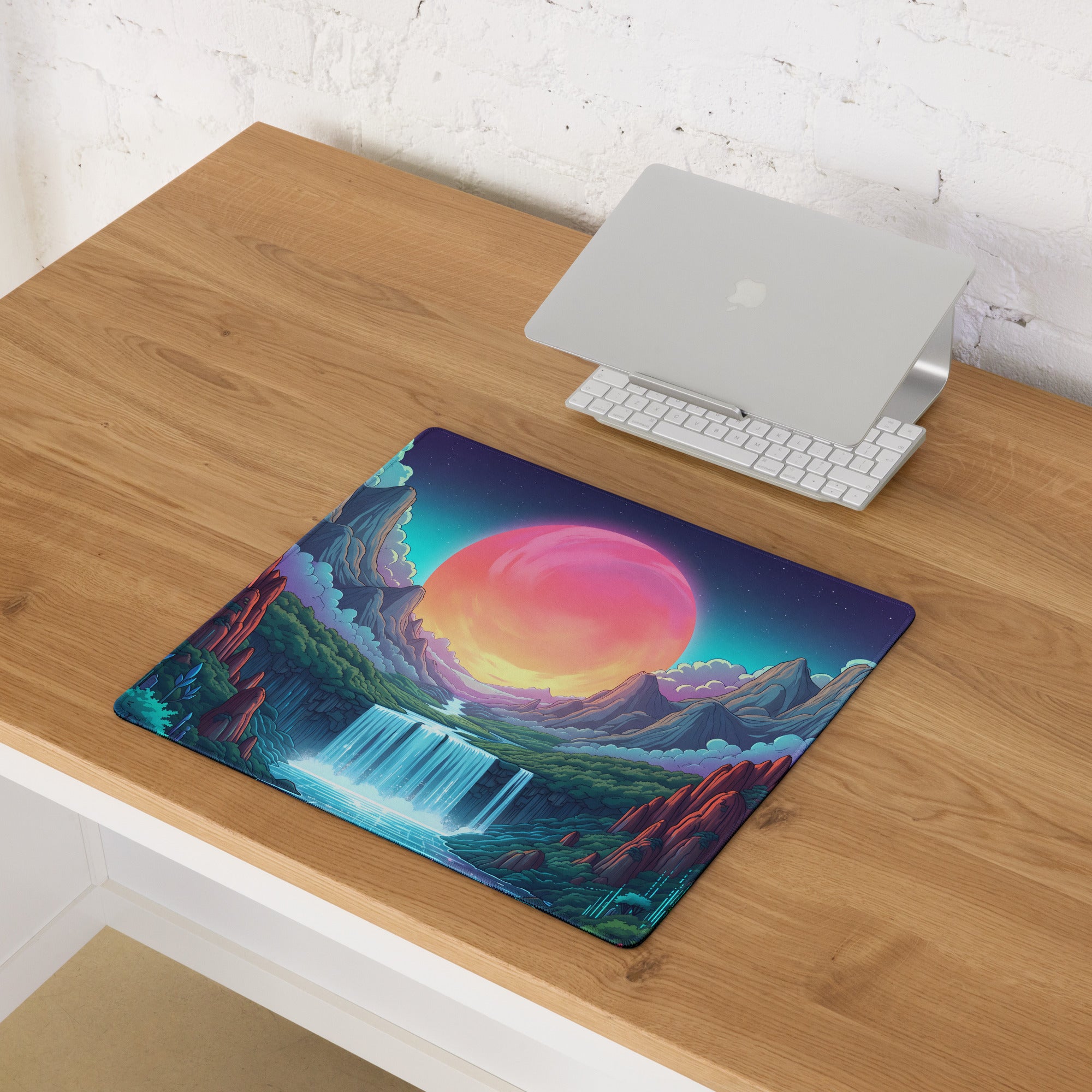 Vaporwave Neon Mountain Mouse Pad - Gaming Mouse Pad Pink Purple Turquoise Desktop Dreamy Vaporwave Landscape Digital Art