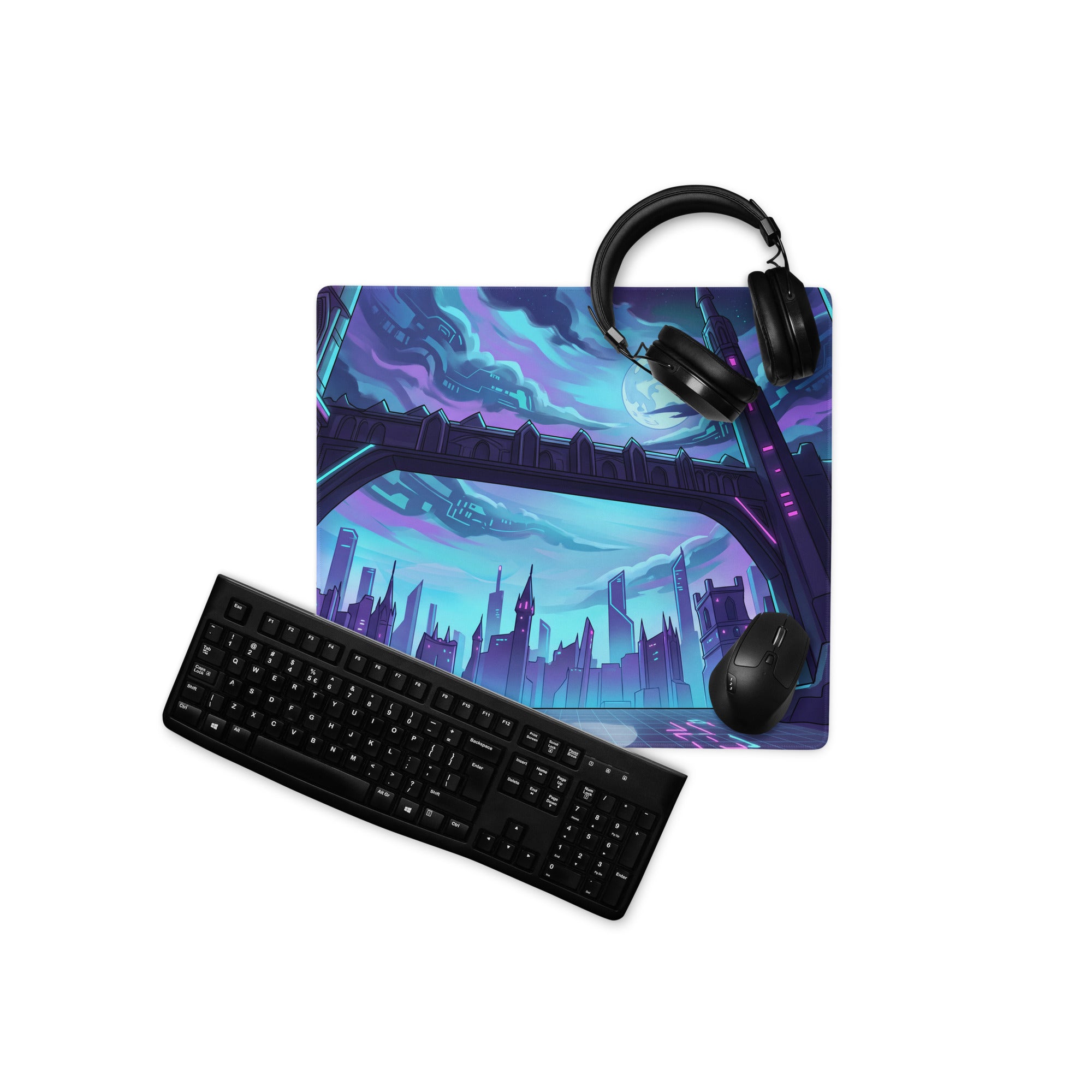 Neon Vaporwave Cityscape Mouse Pad - Cityscape Neon Purple Blue Desk Pad Vaporwave Mood Futuristic Glow