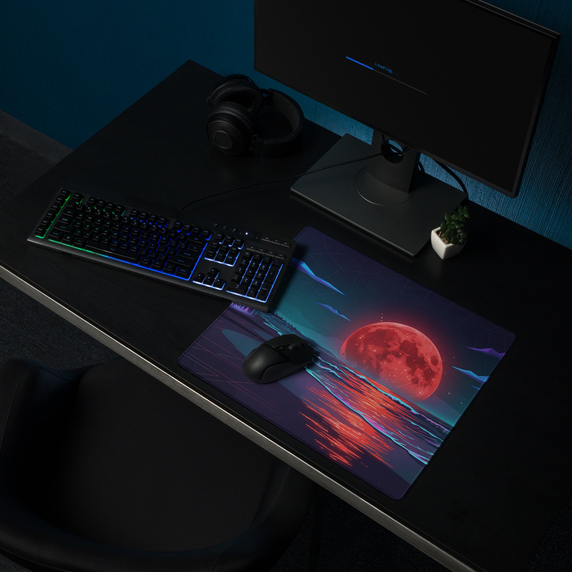 Vaporwave Moon Neon Desk Pad - Vaporwave Moon Neon Pink Purple Blue Desk Futuristic Dream Retro Gaming Setup Digital Art