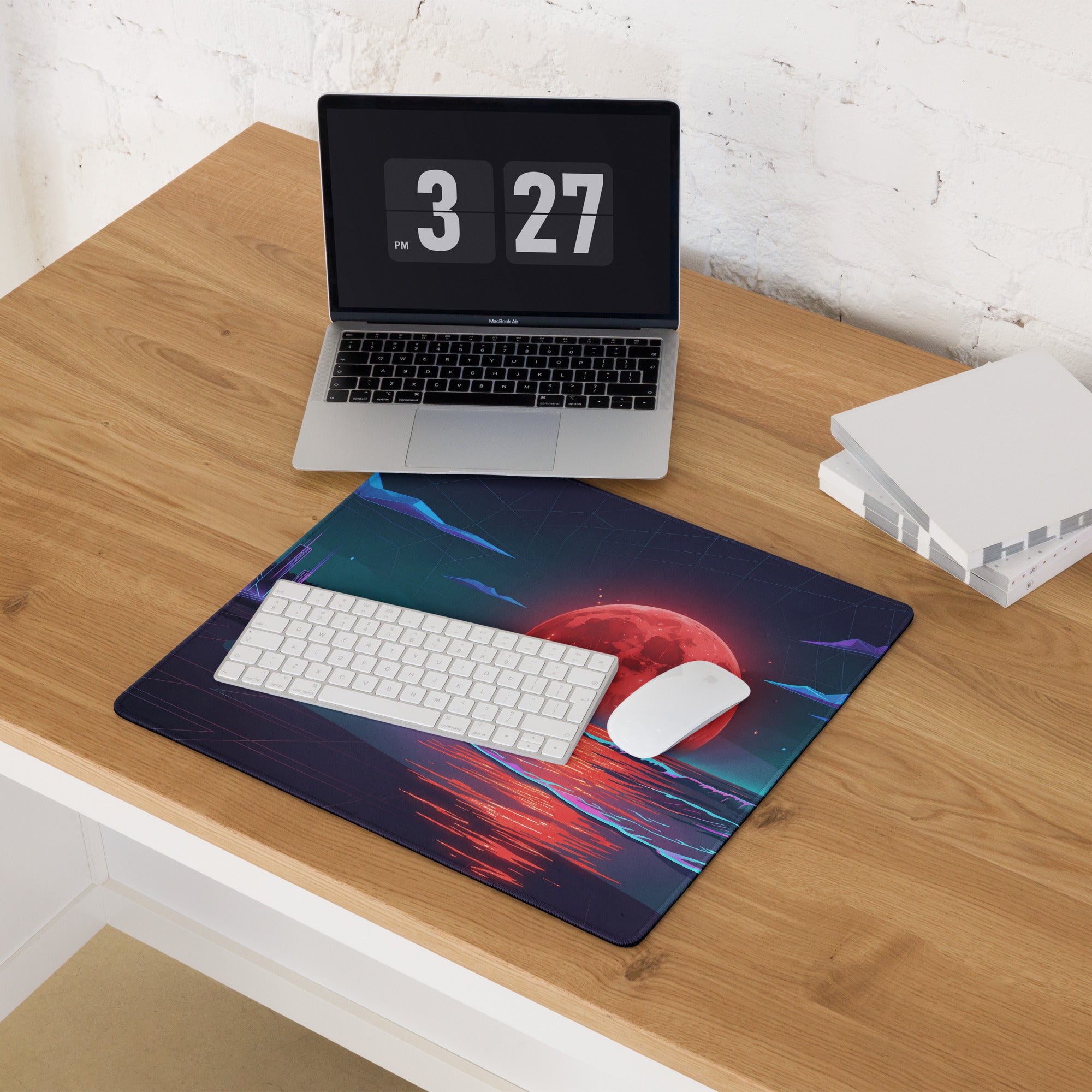 Vaporwave Moon Neon Desk Pad - Vaporwave Moon Neon Pink Purple Blue Desk Futuristic Dream Retro Gaming Setup Digital Art
