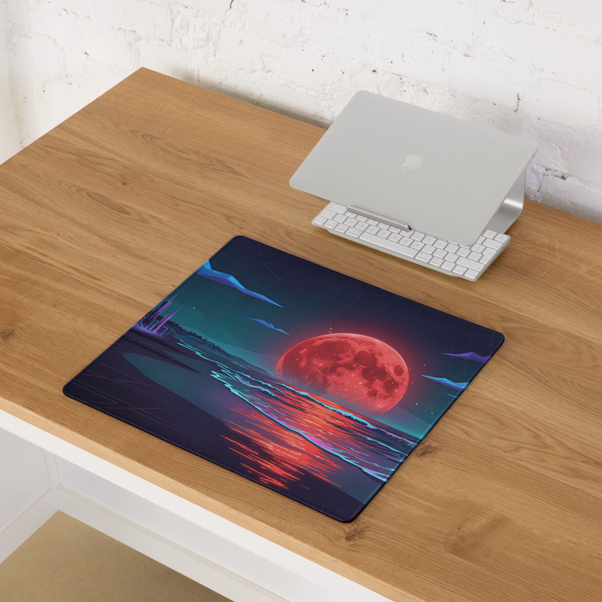 Vaporwave Moon Neon Desk Pad - Vaporwave Moon Neon Pink Purple Blue Desk Futuristic Dream Retro Gaming Setup Digital Art