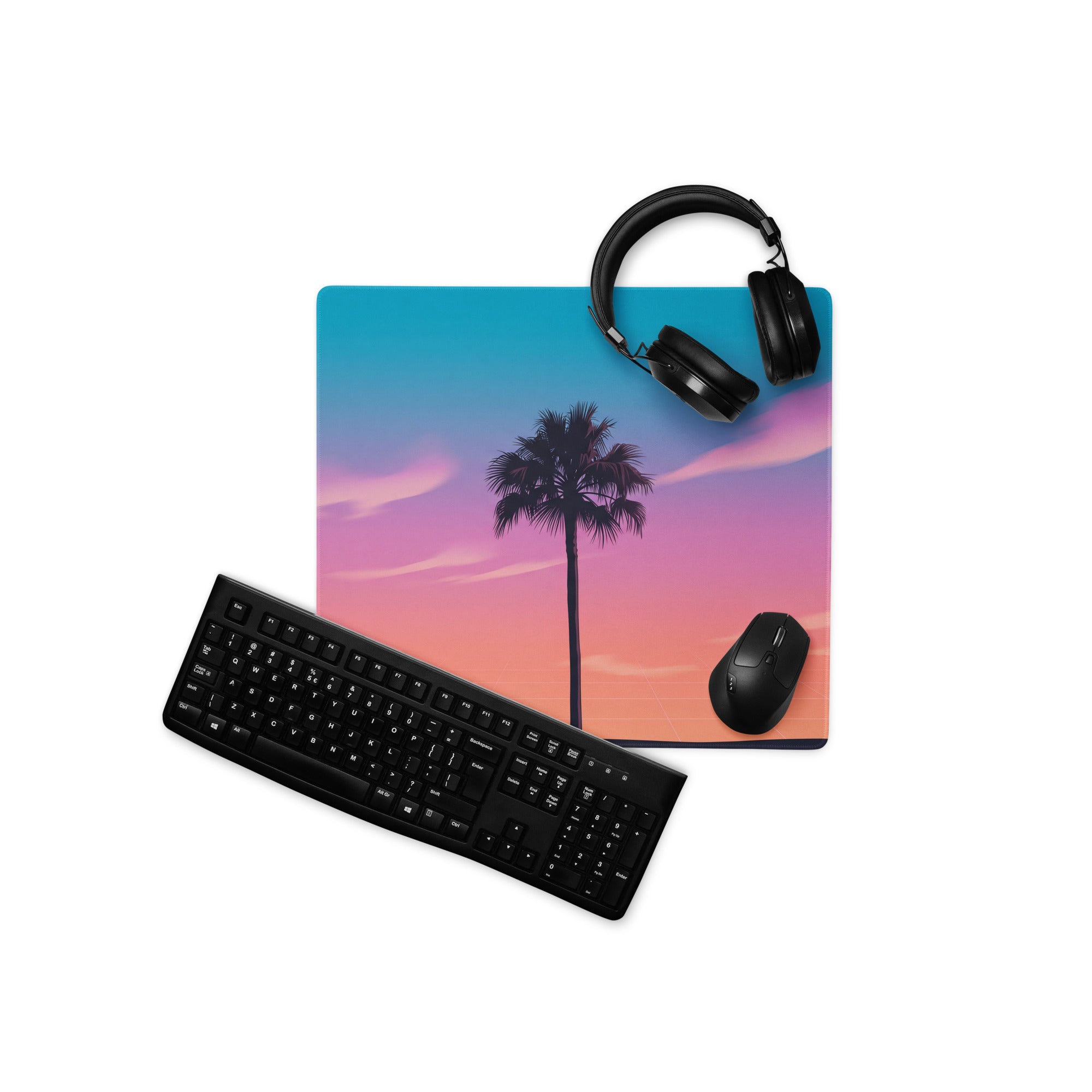Vaporwave Sunset Palm Pad - Gaming Mouse Pad Blue Pink Purple Vaporwave Dreamy Neon Mood Retro Futurism Grid
