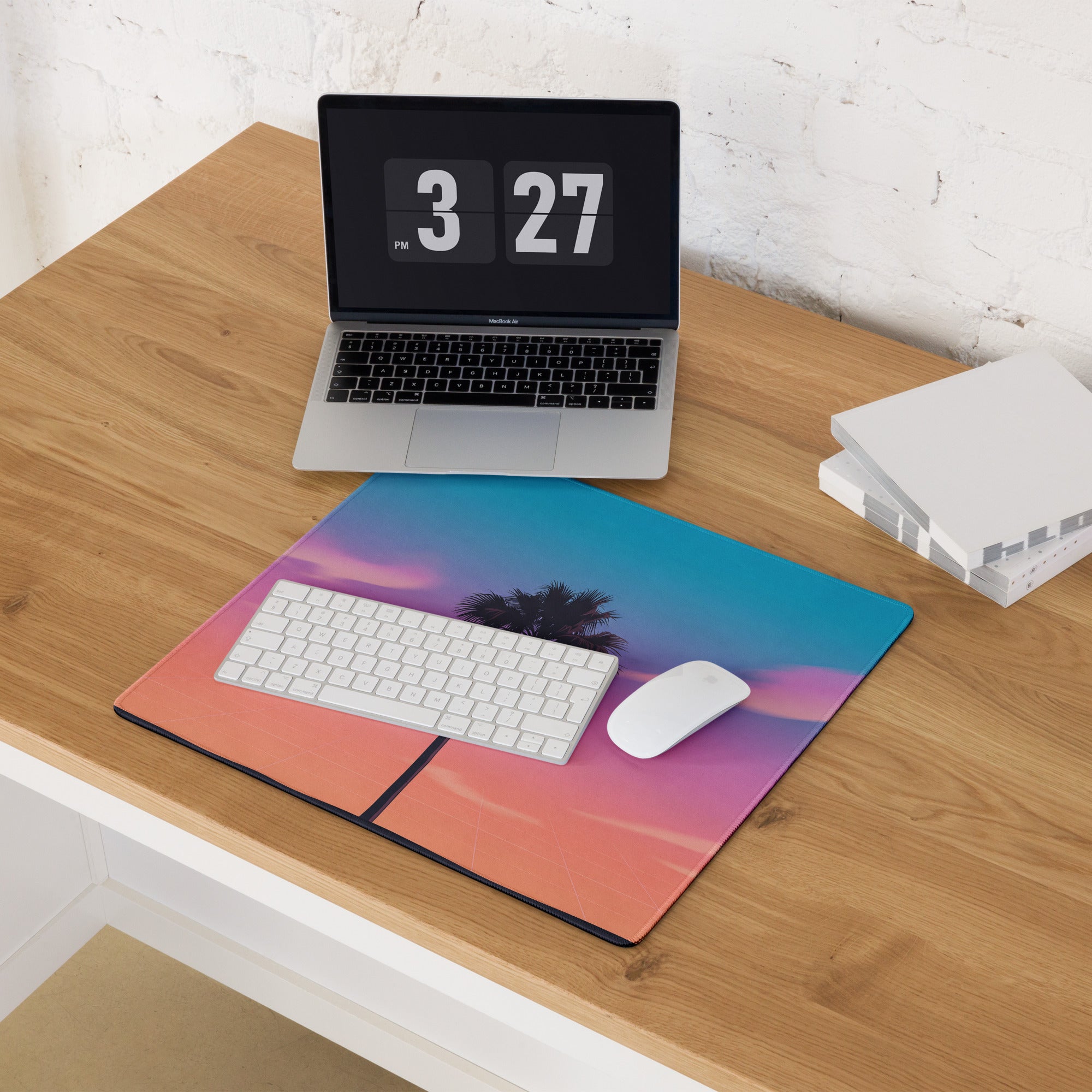 Vaporwave Sunset Palm Pad - Gaming Mouse Pad Blue Pink Purple Vaporwave Dreamy Neon Mood Retro Futurism Grid