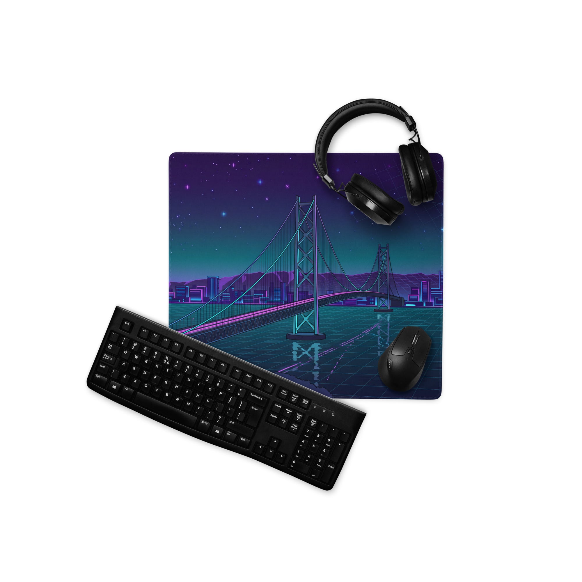 Vaporwave Bridge Neon Desk Pad - Bridge Cityscape Purple Teal Gaming Vaporwave Dreamy Mood Neon Decor Retro