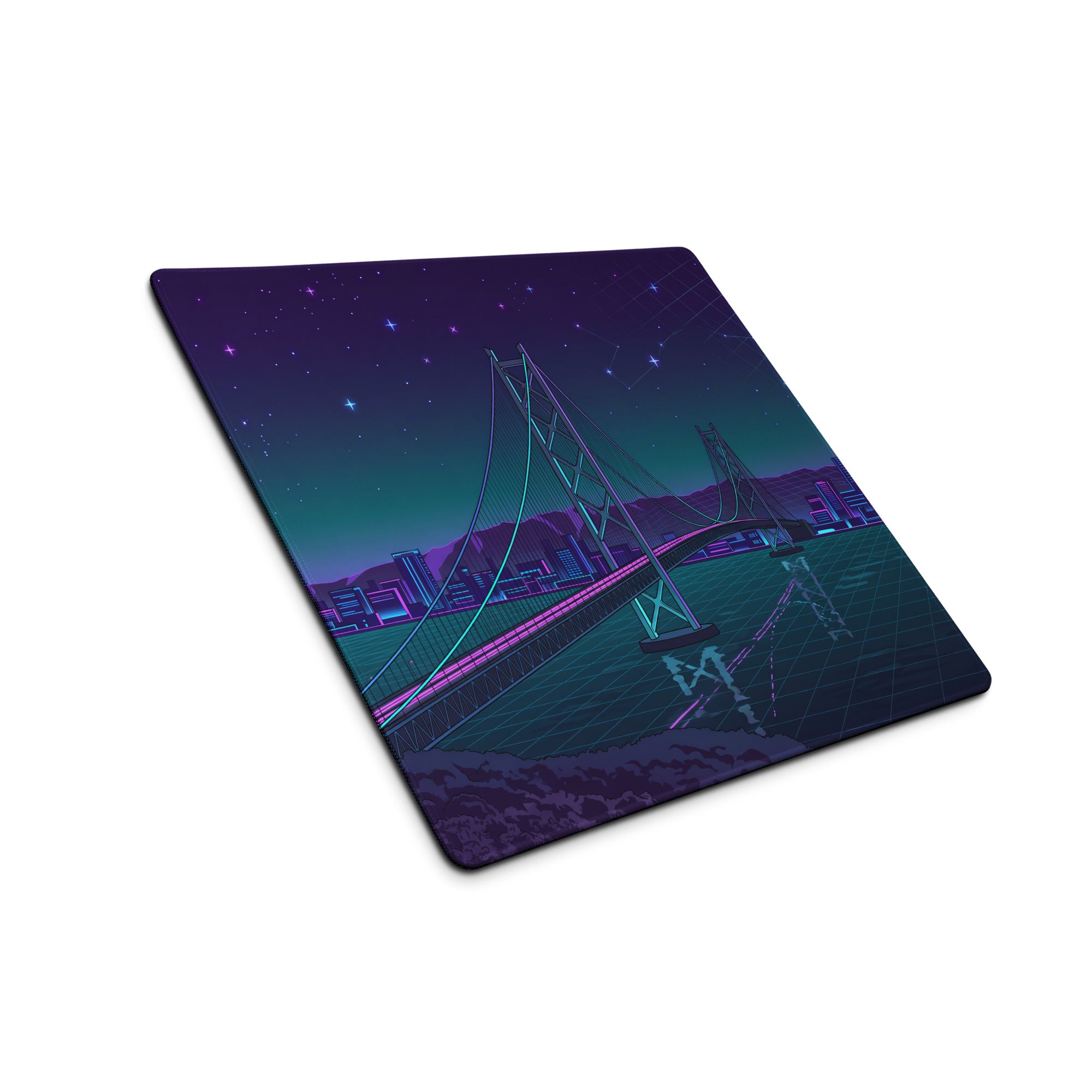 Vaporwave Bridge Neon Desk Pad - Bridge Cityscape Purple Teal Gaming Vaporwave Dreamy Mood Neon Decor Retro