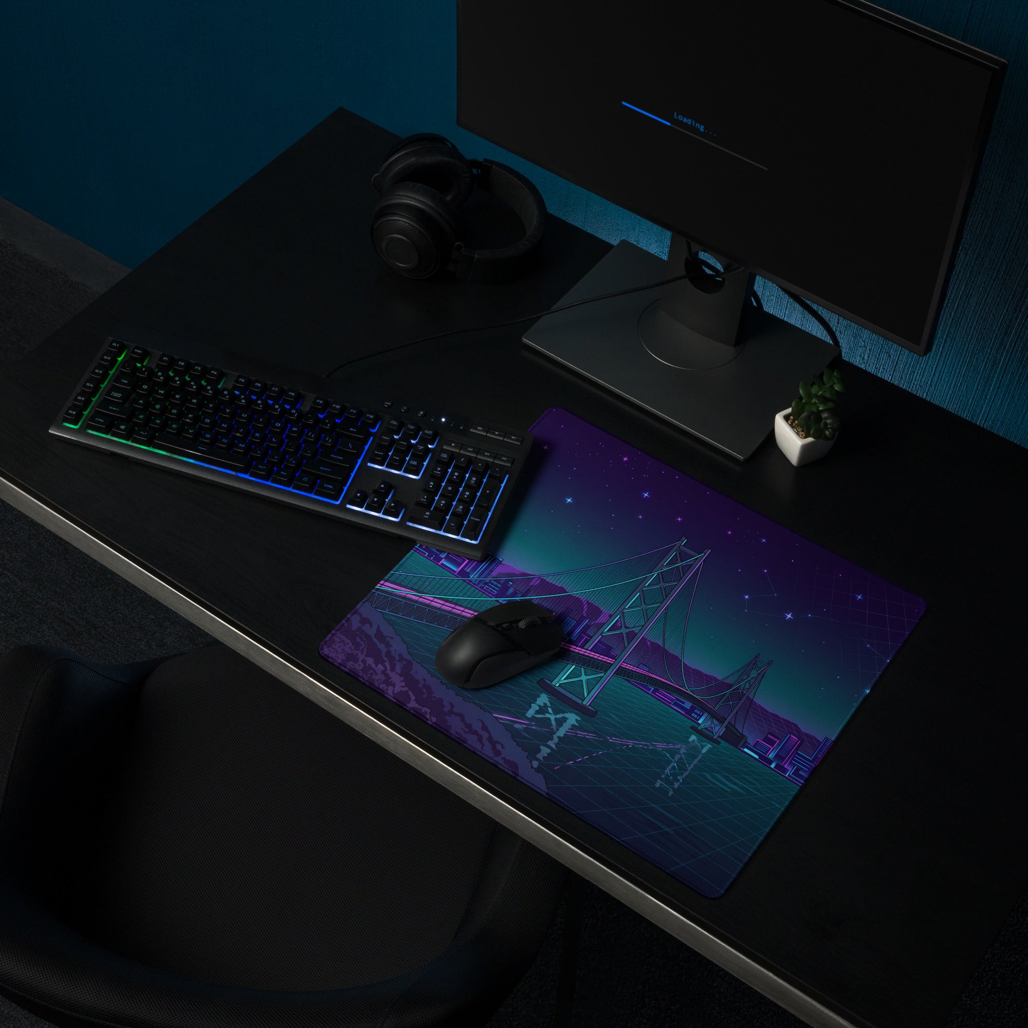 Vaporwave Bridge Neon Desk Pad - Bridge Cityscape Purple Teal Gaming Vaporwave Dreamy Mood Neon Decor Retro