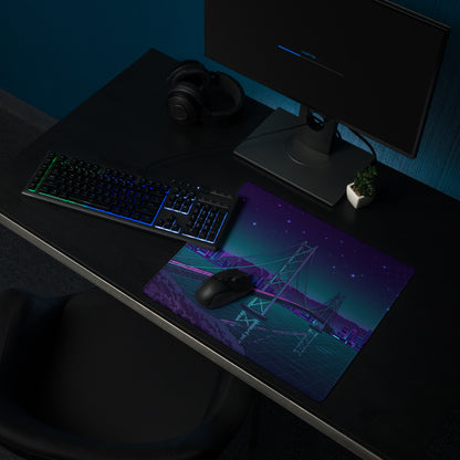Vaporwave Bridge Neon Desk Pad - Bridge Cityscape Purple Teal Gaming Vaporwave Dreamy Mood Neon Decor Retro