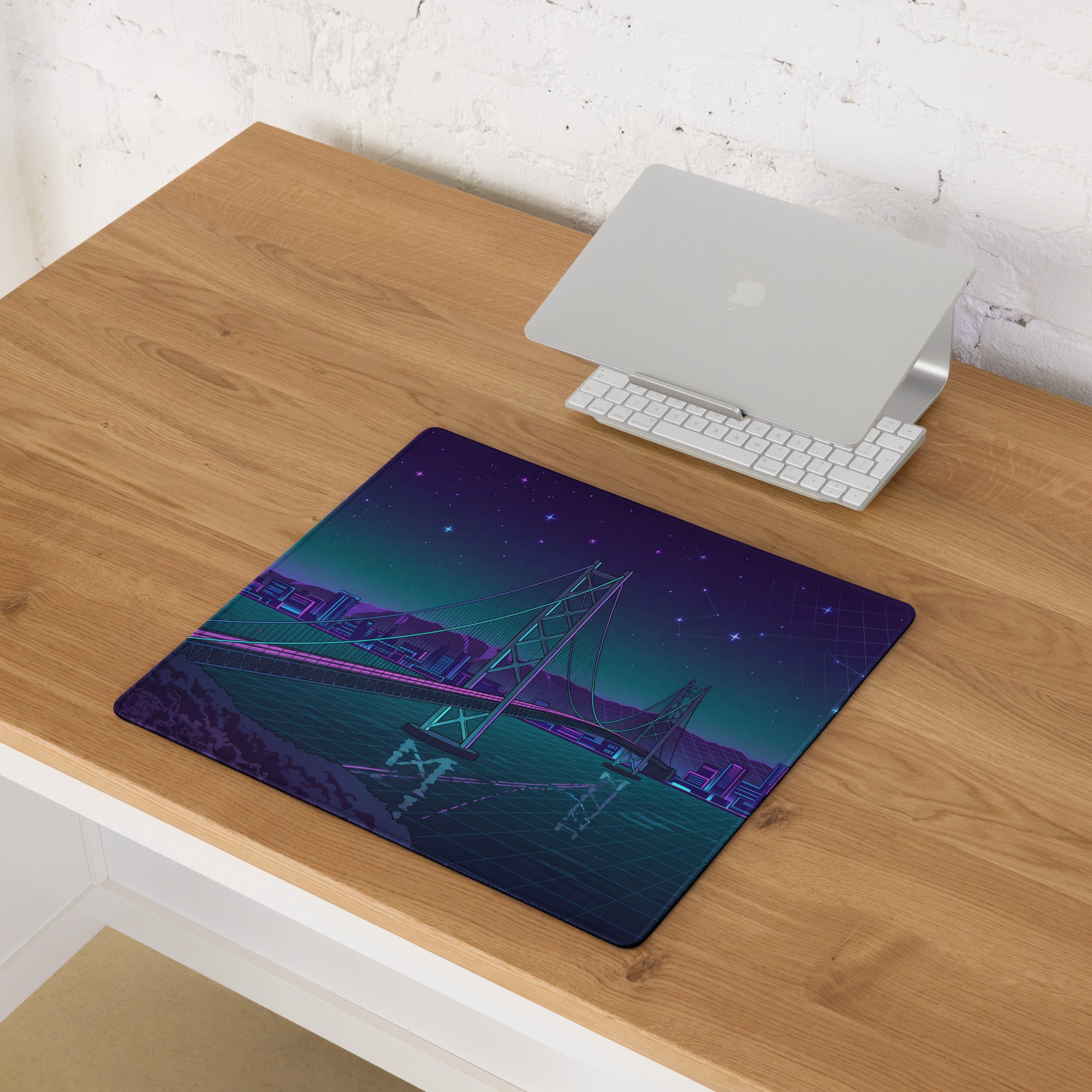 Vaporwave Bridge Neon Desk Pad - Bridge Cityscape Purple Teal Gaming Vaporwave Dreamy Mood Neon Decor Retro
