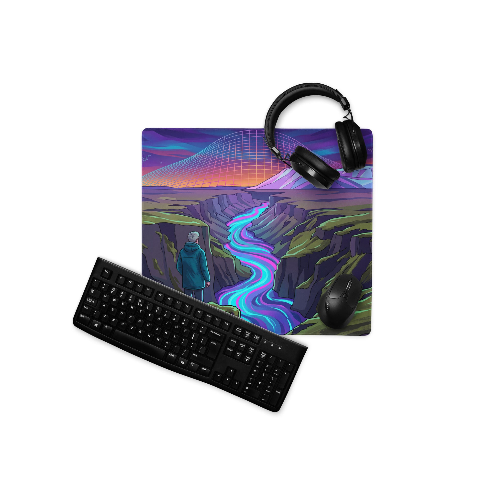 Vaporwave Neon Mountain Pad - Mouse Pad Purple Blue Pink Desk Vaporwave Dreamy Neon Mood Synthwave Decor Digital Art