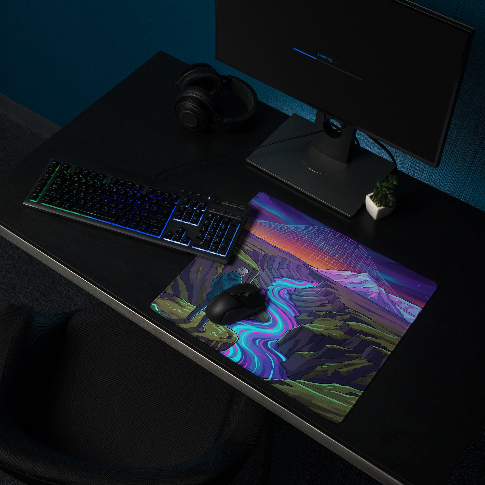 Vaporwave Neon Mountain Pad - Mouse Pad Purple Blue Pink Desk Vaporwave Dreamy Neon Mood Synthwave Decor Digital Art