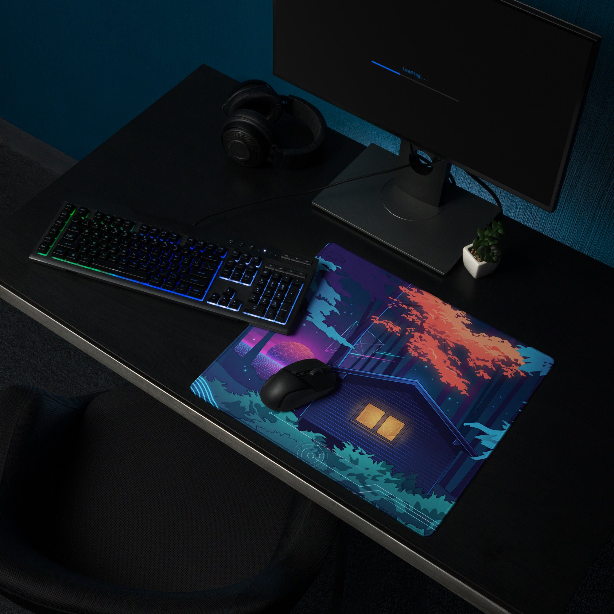 Vaporwave Night Desk Mat - Mouse Pad Neon Pink Blue Gaming Desk Vaporwave Dreamy Neon Mood Retro Decor Digital Art