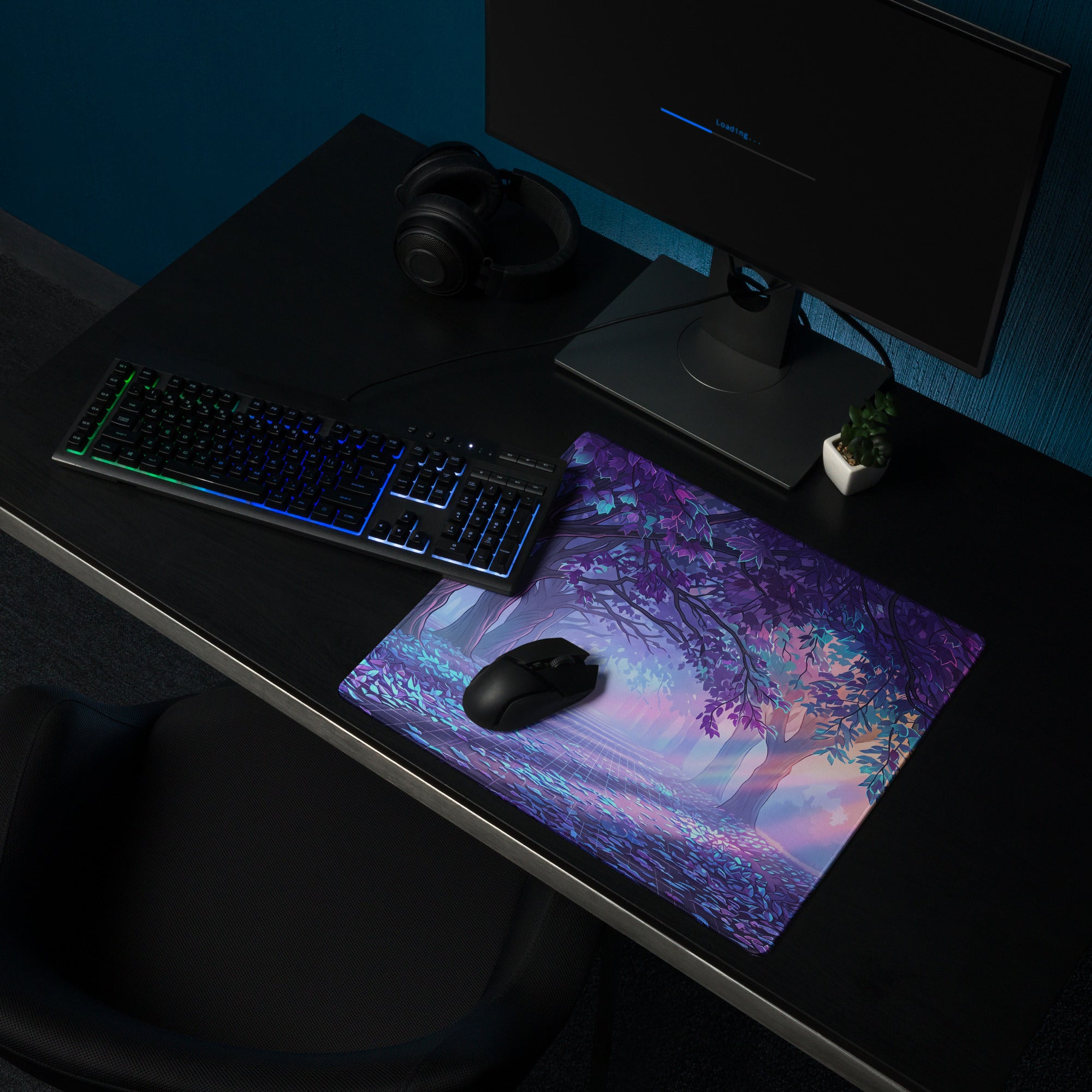 Vaporwave Forest Neon Desk Mat - Mouse Pad Purple Blue Teal Vaporwave Dreamy Nostalgic Mood Neon Cyberpunk Digital Art