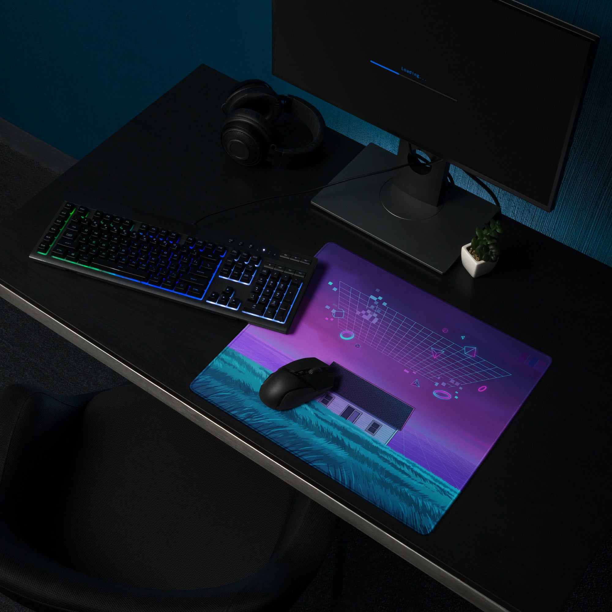 Vaporwave Neon Pixel House Mouse Pad - Mouse Pad Purple Pink Neon Vaporwave Desk Futurism Dreamy Mood Digital Art