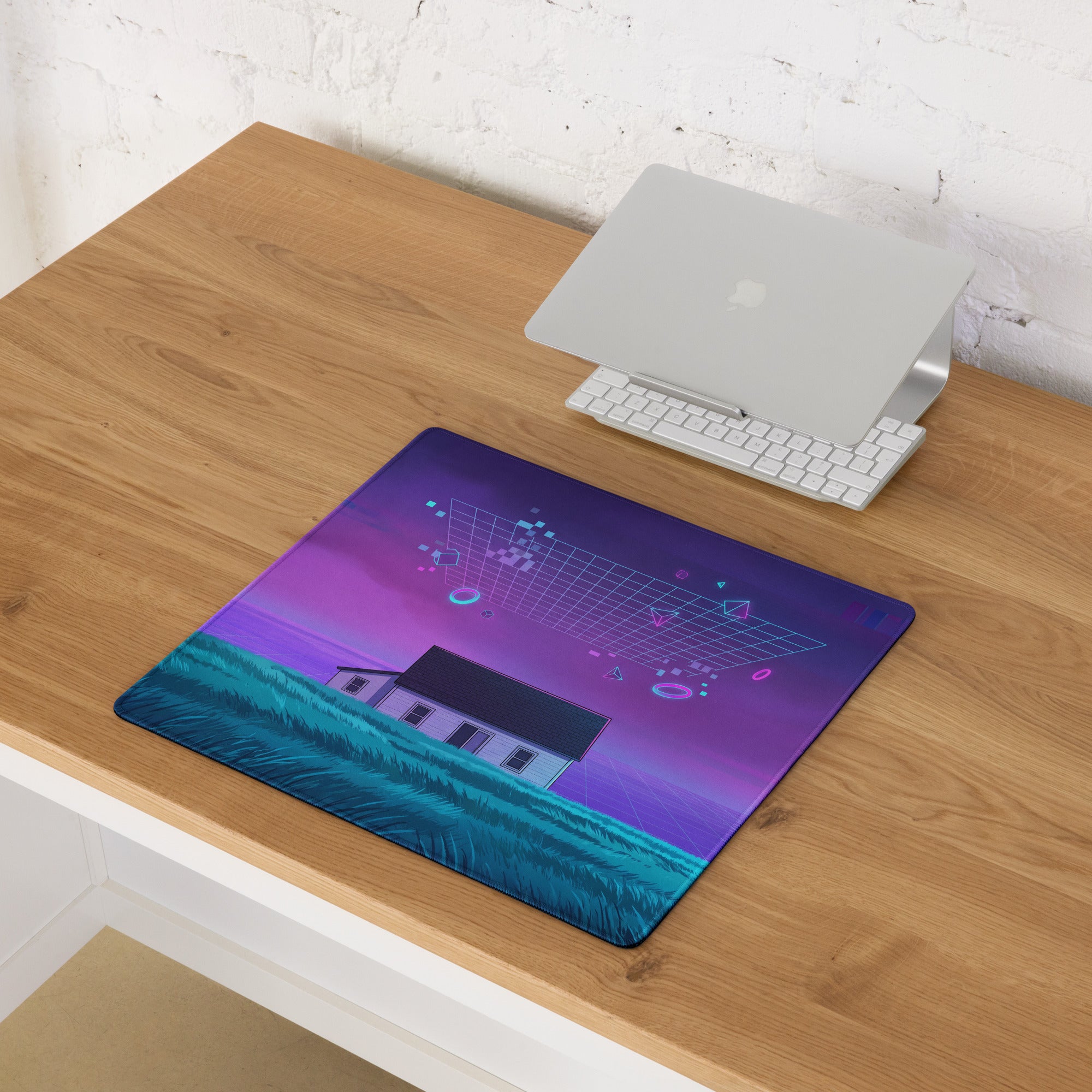 Vaporwave Neon Pixel House Mouse Pad - Mouse Pad Purple Pink Neon Vaporwave Desk Futurism Dreamy Mood Digital Art