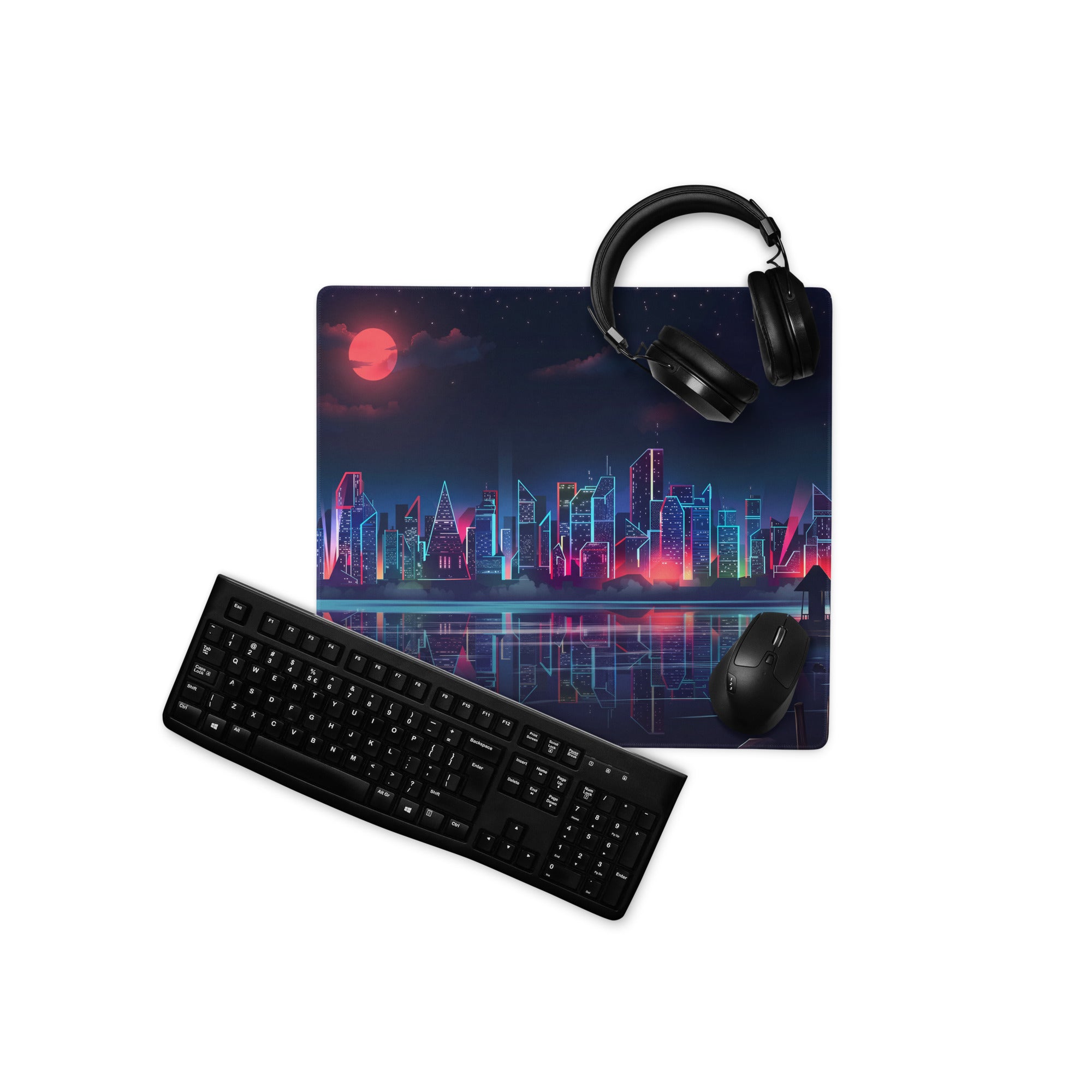 Vaporwave City Neon Mouse Pad - mouse pad neon purple pink blue vaporwave gaming desk mood cyberpunk decor