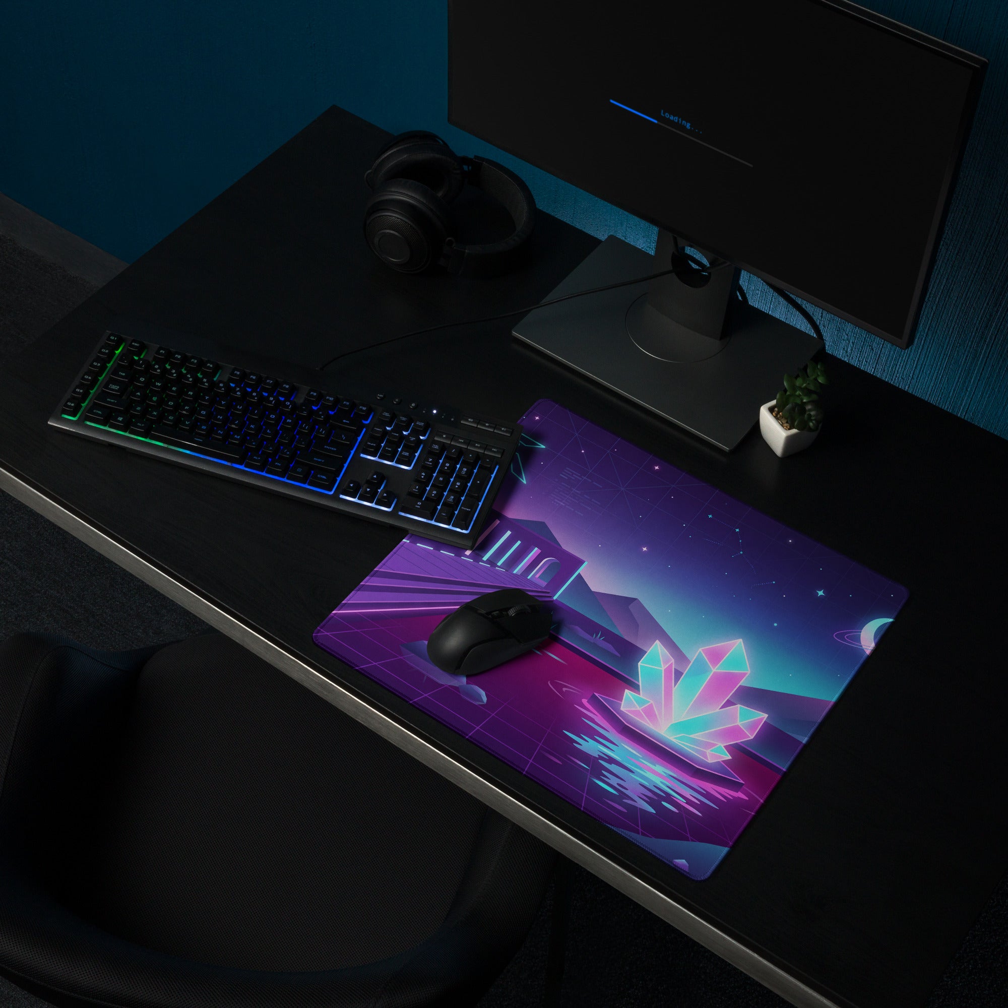 Neon Vaporwave Gaming Desk Pad - Gaming Mouse Pad Purple Pink Neon Retro Futuristic Neon Decor Digital Art