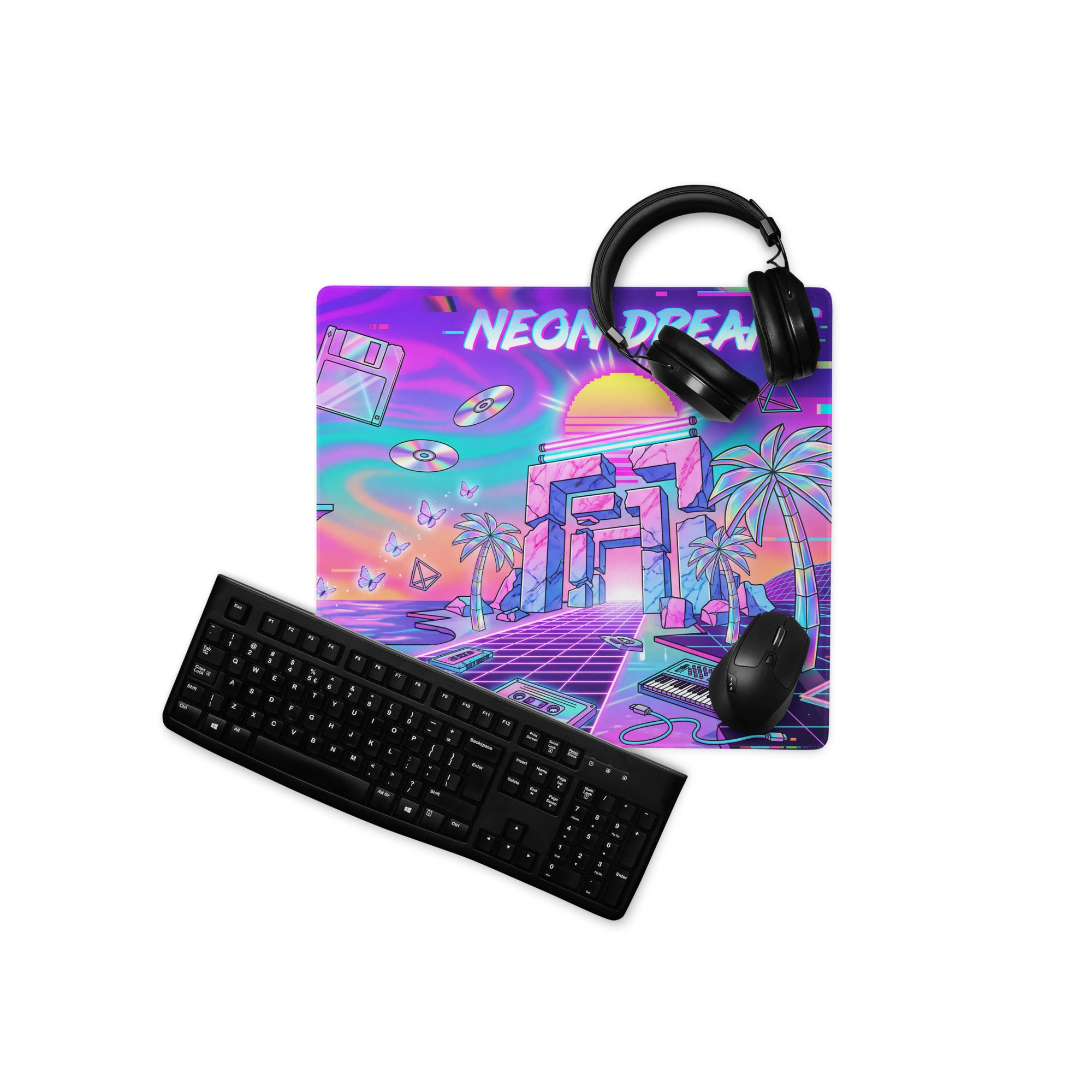 Neon Vaporwave Desktop Mouse Pad - Mouse Pad Neon Purple Cyan Desk Vaporwave Dreamy Neon Retro Futurism Large Gaming