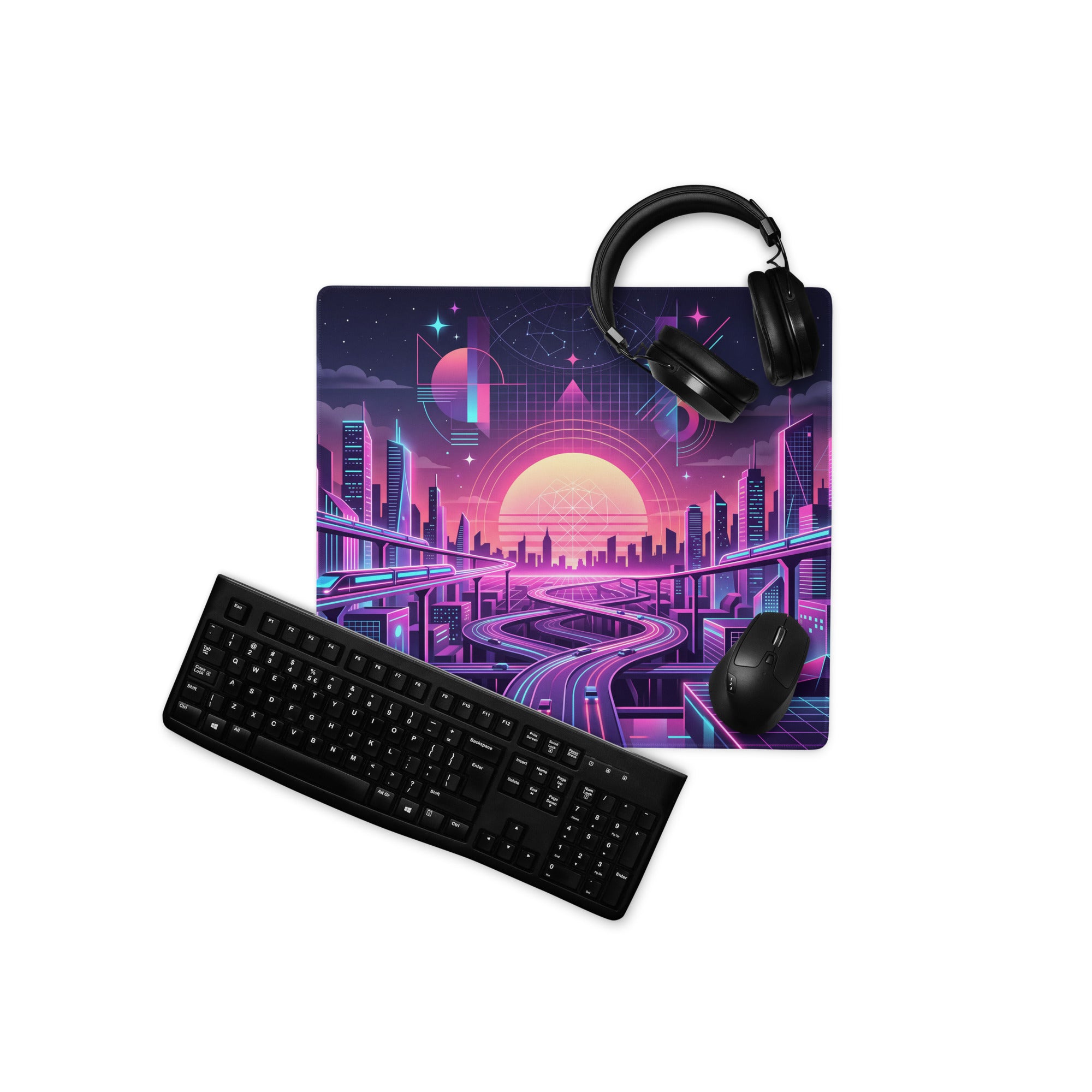 Vaporwave Neon City Mouse Pad - Vaporwave Cityscape Pink Purple Blue Gaming Desk Retro Futurism Mood Decor Digital Art
