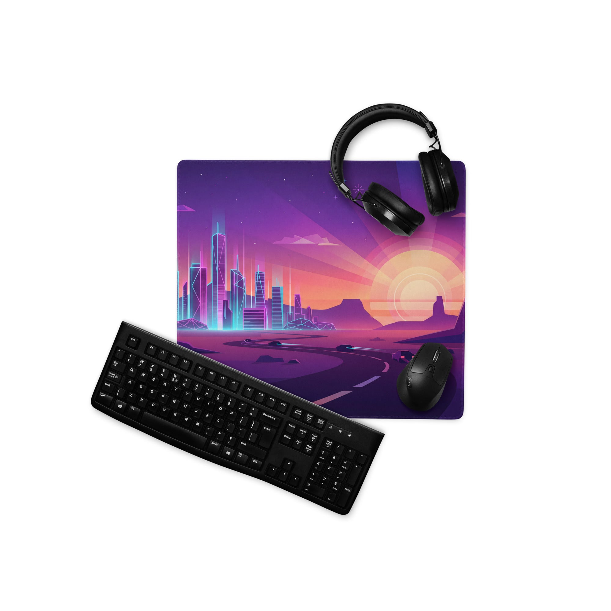 Neon Vaporwave Cityscape Mouse Pad - Cityscape Neon Purple Pink Gaming Desk Vaporwave Retro Futurism Decor Digital Art