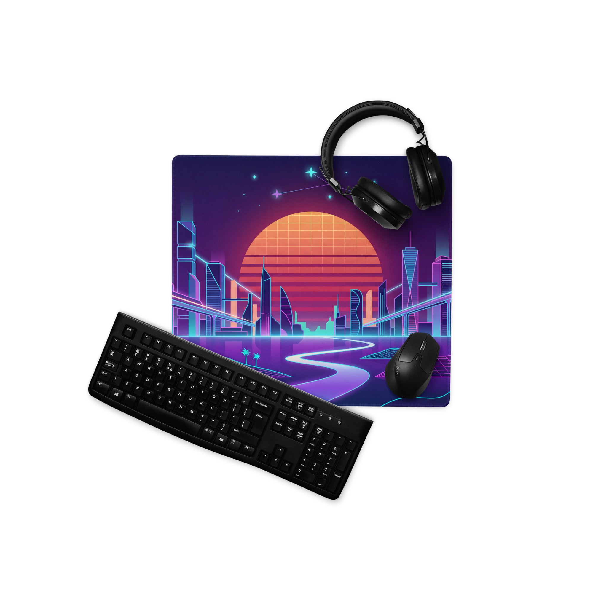 Vaporwave Neon Cityscape Mousepad - Cityscape Neon Pink Purple Blue Gaming Desk Vaporwave Nostalgic Cyberpunk Desk Mat