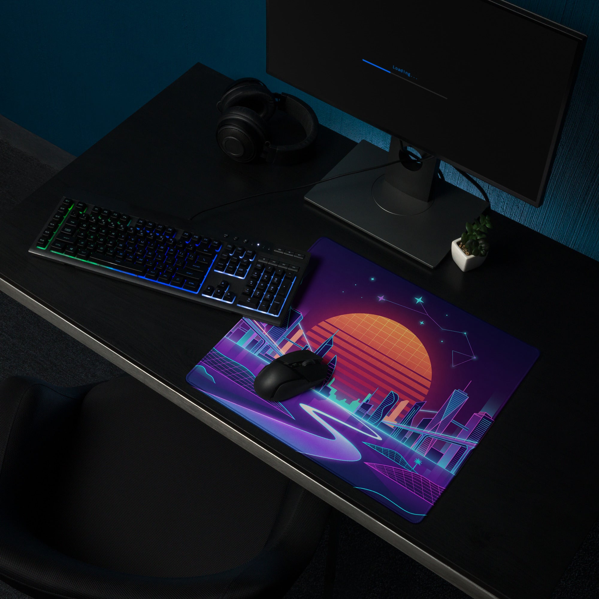 Vaporwave Neon Cityscape Mousepad - Cityscape Neon Pink Purple Blue Gaming Desk Vaporwave Nostalgic Cyberpunk Desk Mat