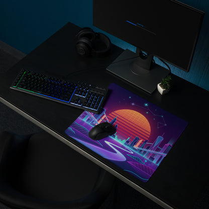 Vaporwave Neon Cityscape Mousepad - Cityscape Neon Pink Purple Blue Gaming Desk Vaporwave Nostalgic Cyberpunk Desk Mat