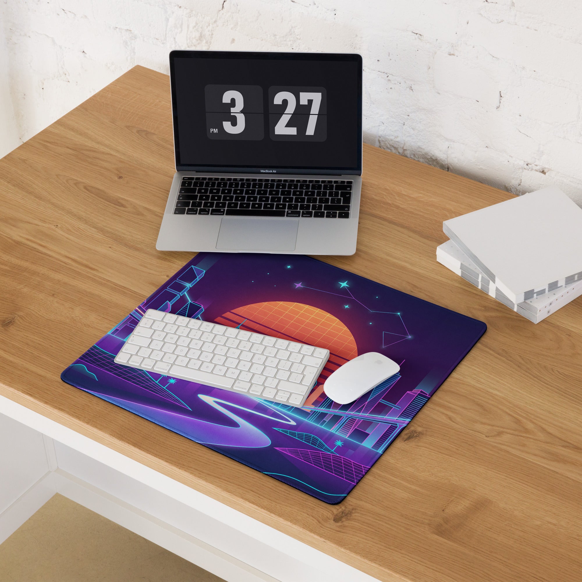 Vaporwave Neon Cityscape Mousepad - Cityscape Neon Pink Purple Blue Gaming Desk Vaporwave Nostalgic Cyberpunk Desk Mat