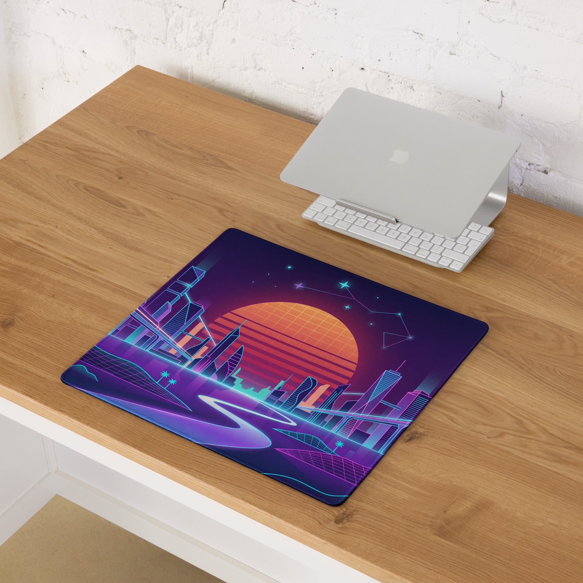 Vaporwave Neon Cityscape Mousepad - Cityscape Neon Pink Purple Blue Gaming Desk Vaporwave Nostalgic Cyberpunk Desk Mat